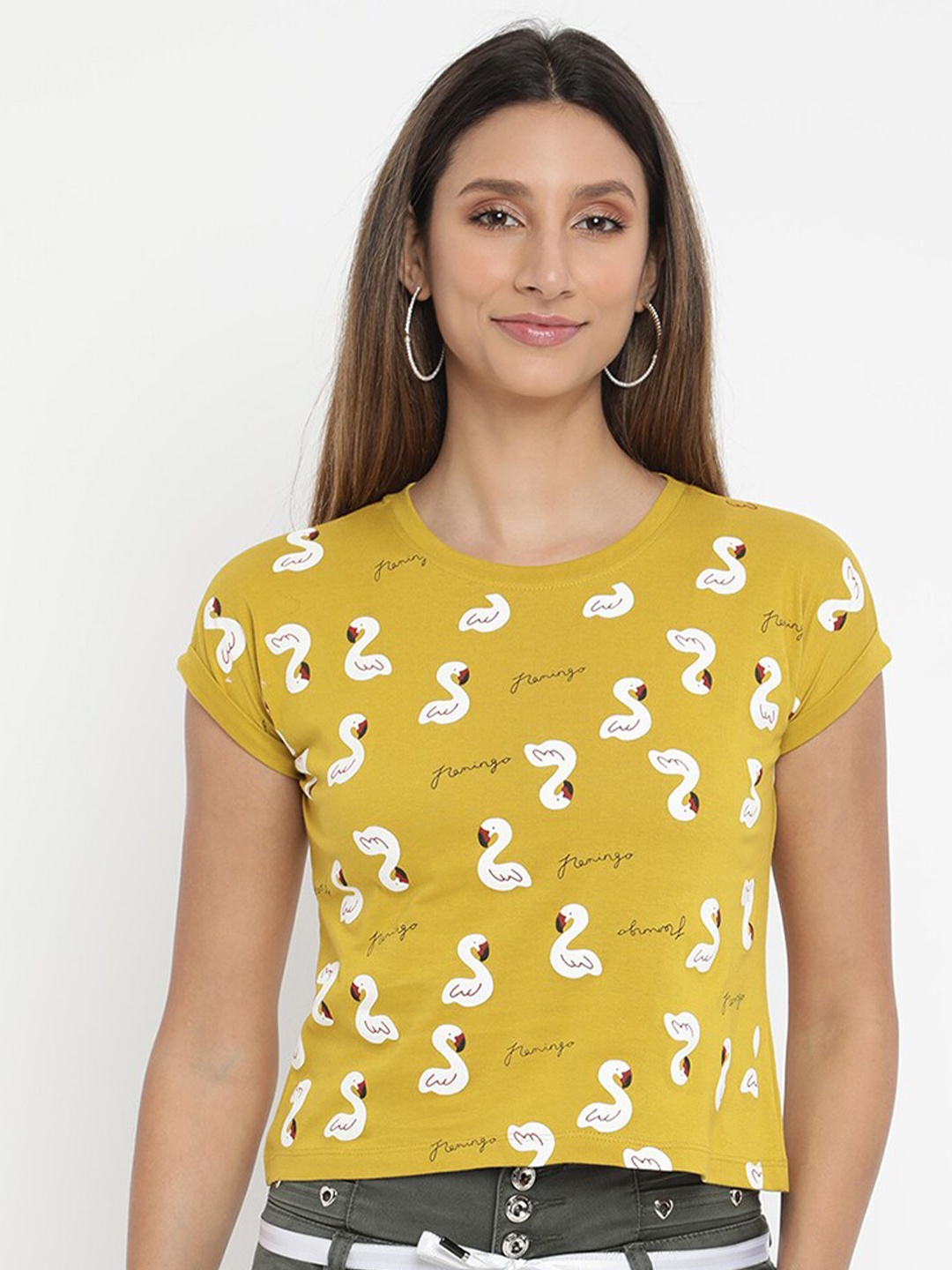 

V2 Value & Variety Women Mustard Yellow Cotton Printed Regular Top