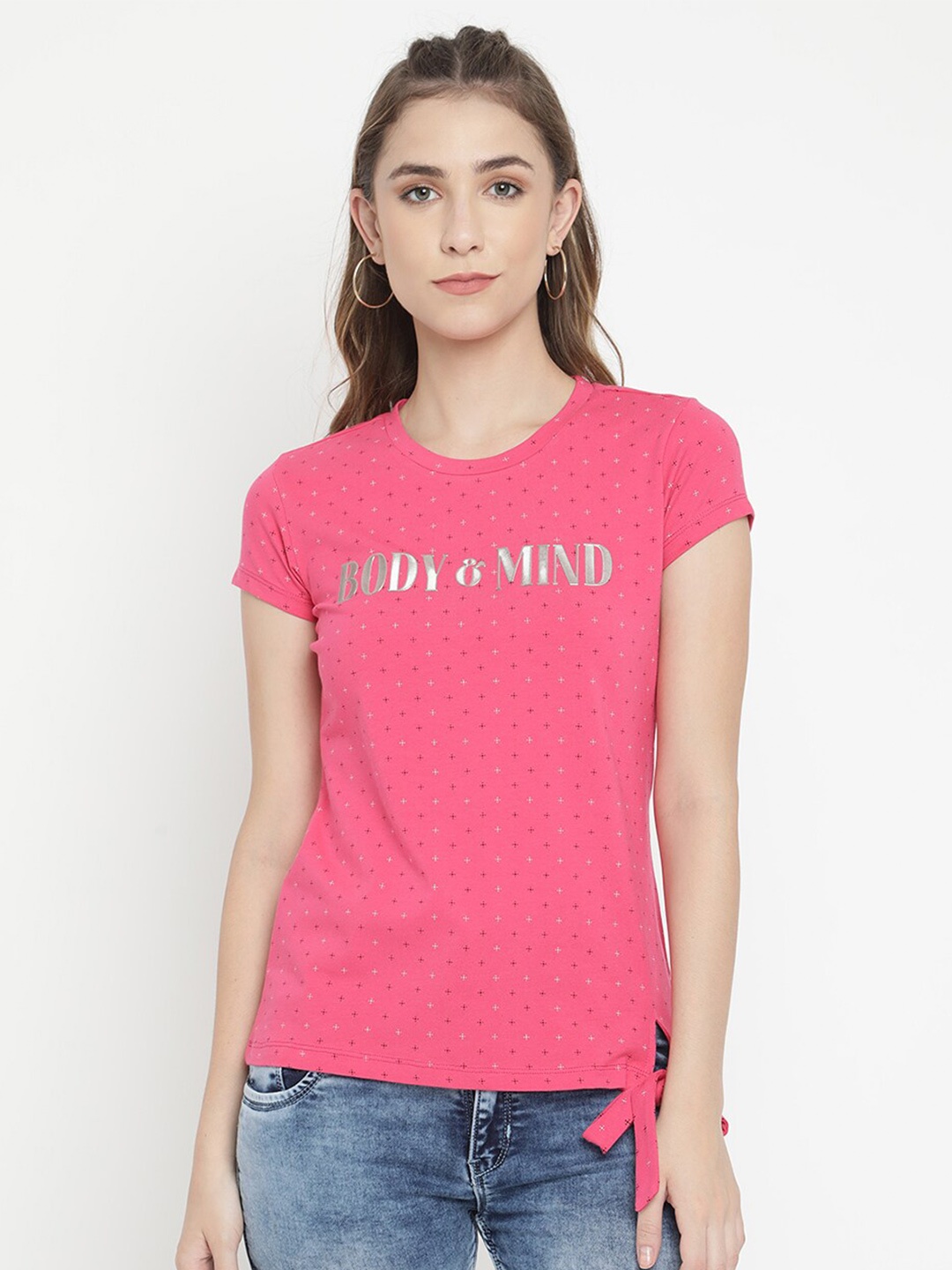 

V2 Value & Variety Women Pink Printed Pure Cotton Knot-Detail Top