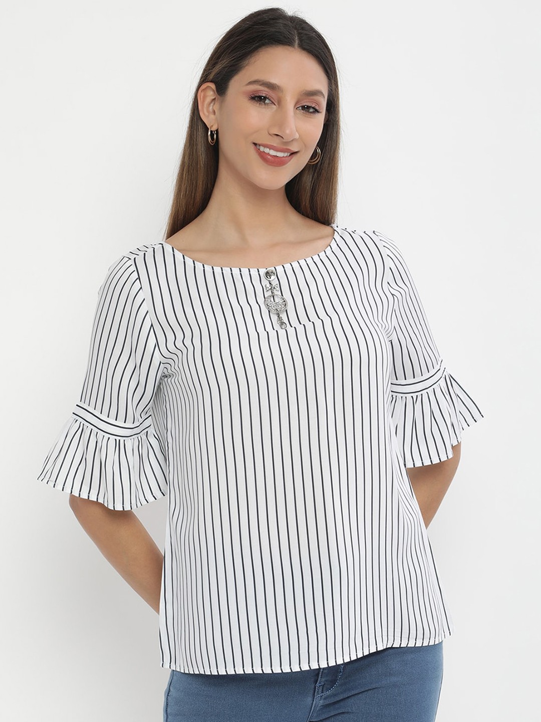 

V2 Value & Variety White & Black Striped Monochrome Bell Sleeved Top