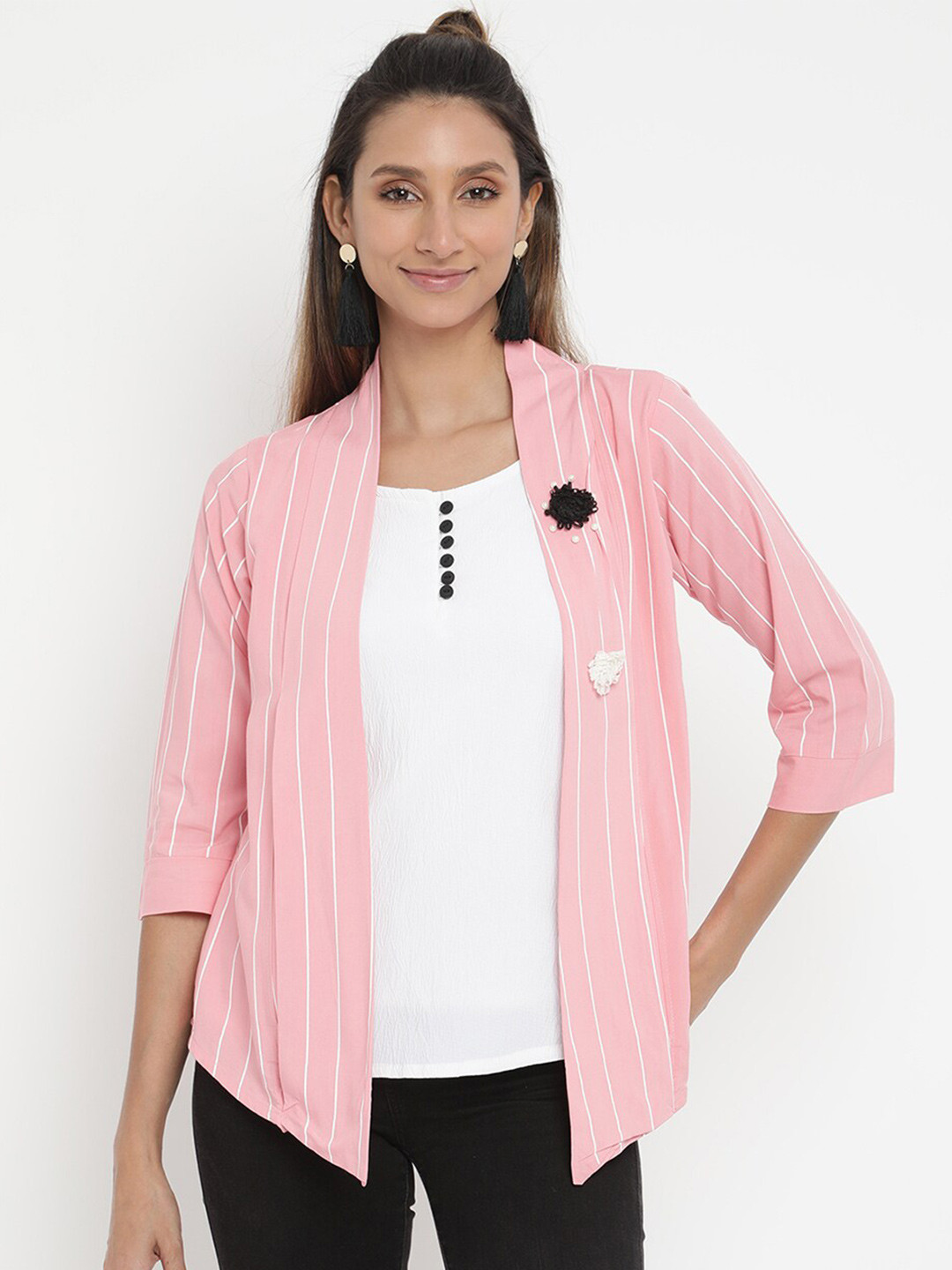 

V2 Value & Variety Women Peach-Coloured Striped Shrug