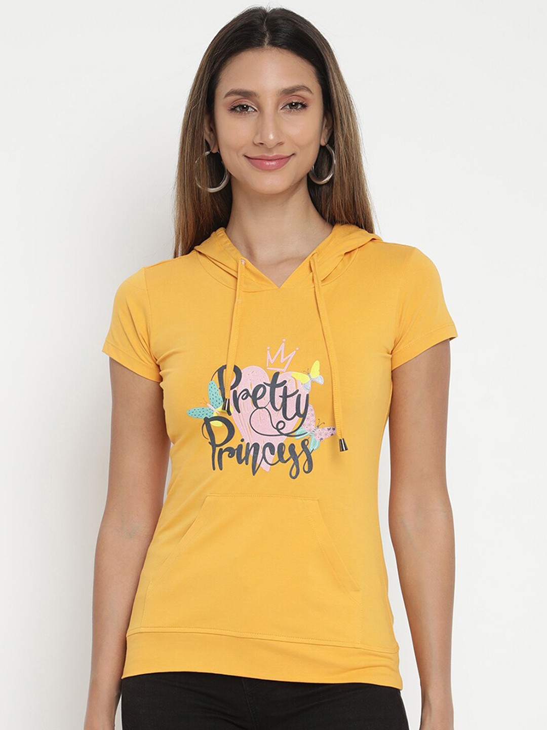 

V2 Value & Variety Mustard Yellow Printed Hooded Pure Cotton Top