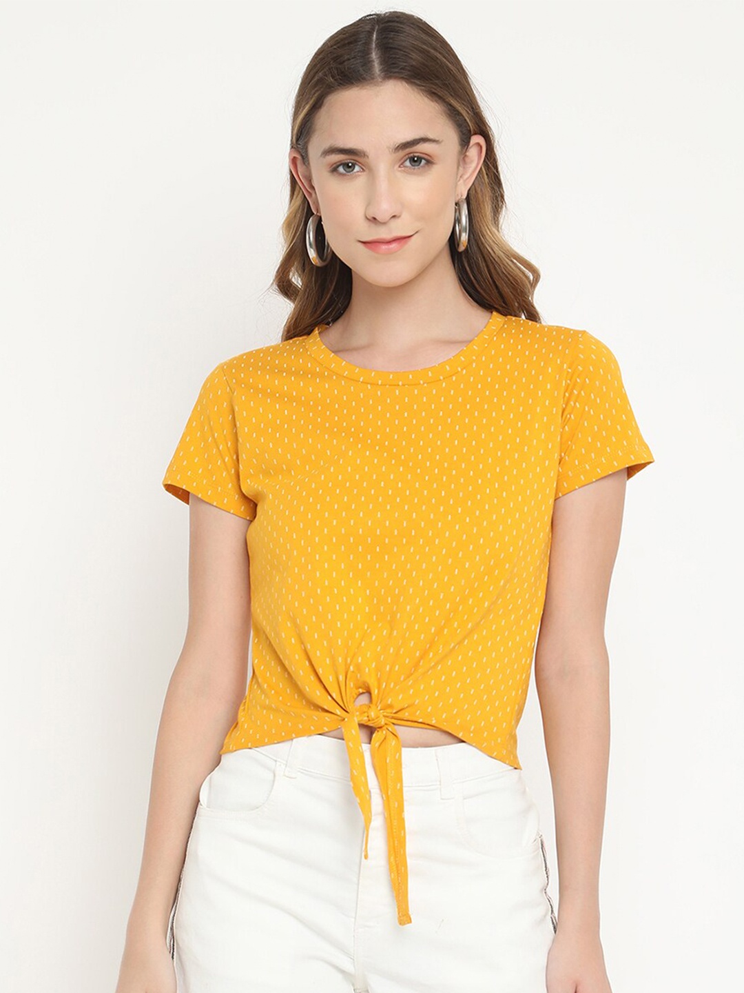 

V2 Value & Variety Mustard Yellow Printed Crop Top