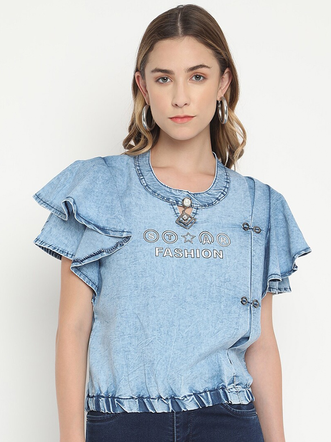 

V2 Value & Variety Blue Printed Cotton Denim Top