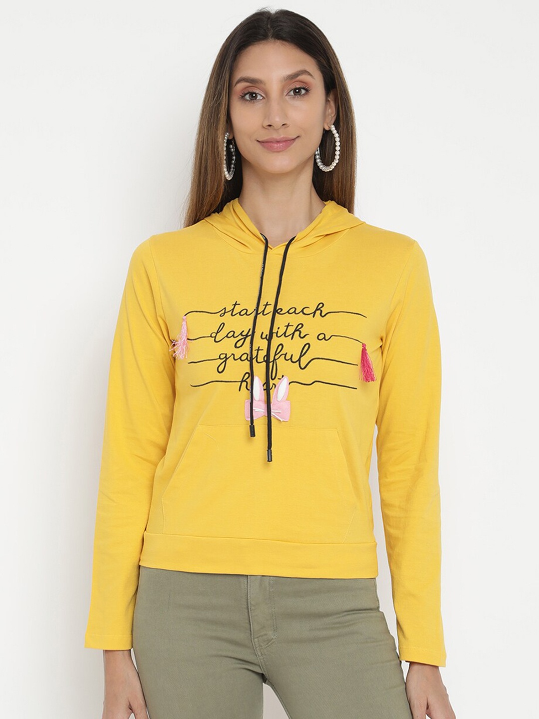

V2 Value & Variety Women Yellow Printed Hooded Pure Cotton Top