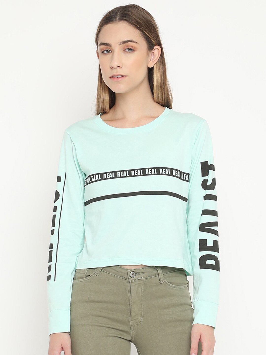 

V2 Value & Variety Green Printed Crop Pure Cotton Top
