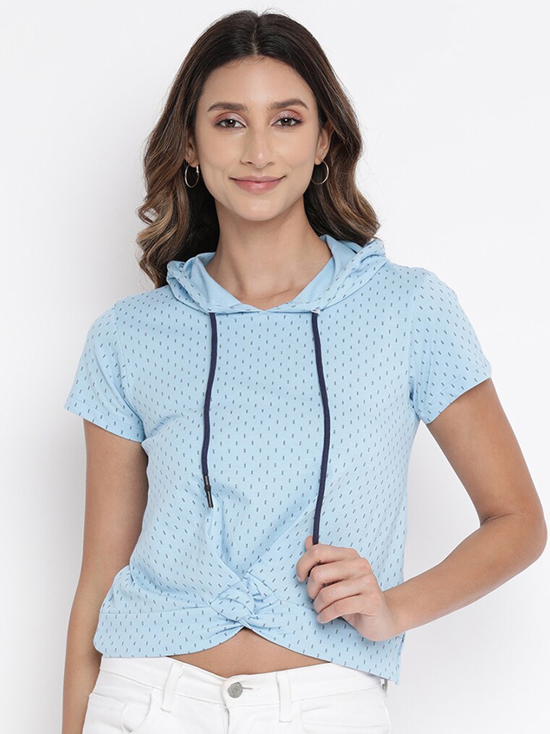 

V2 Value & Variety Blue Print Cinched Waist Pure Cotton Crop Top