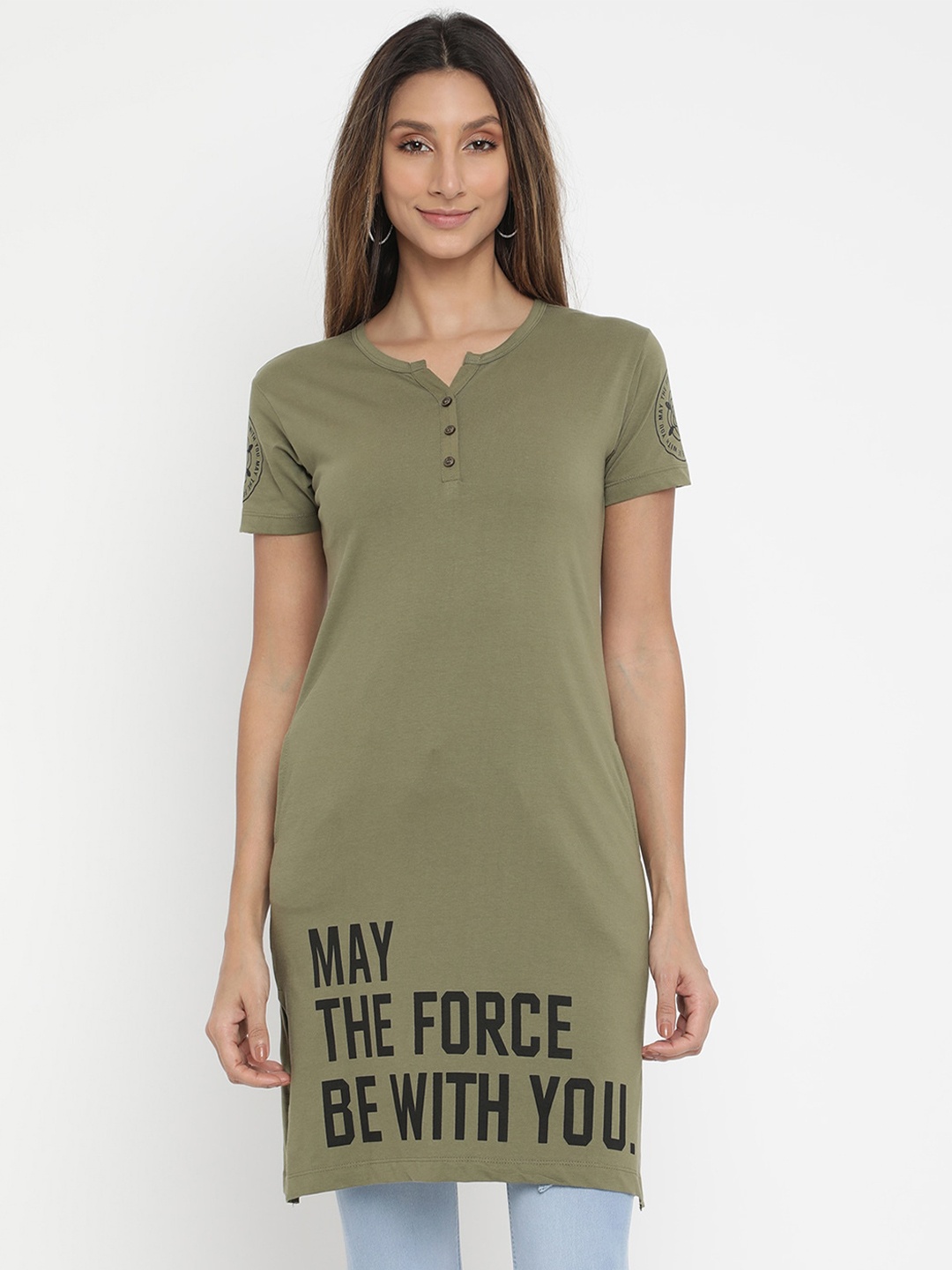 

V2 Value & Variety Olive Green Typography Printed Longline Top