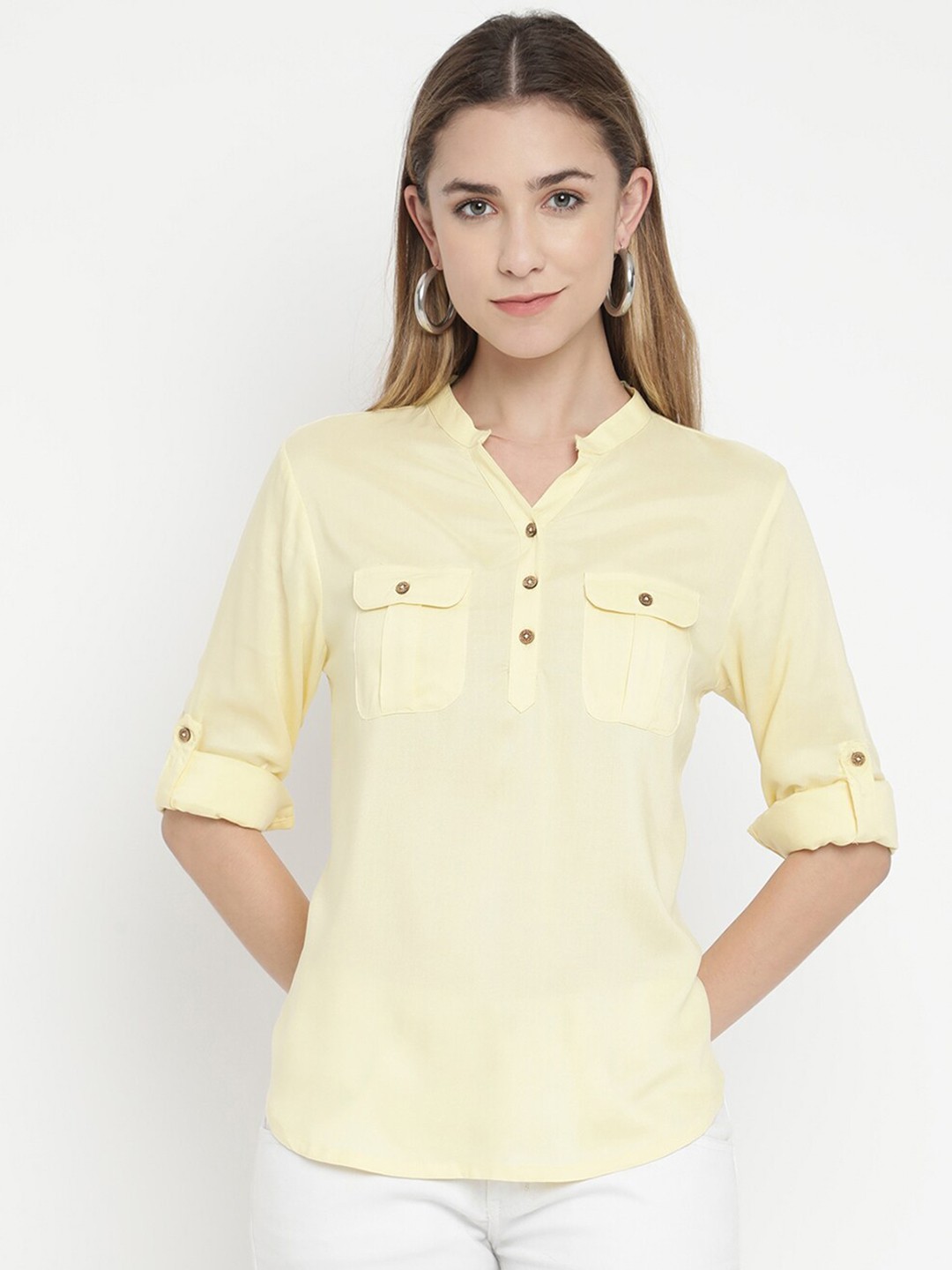 

V2 Value & Variety Yellow Mandarin Collar Shirt Style Top