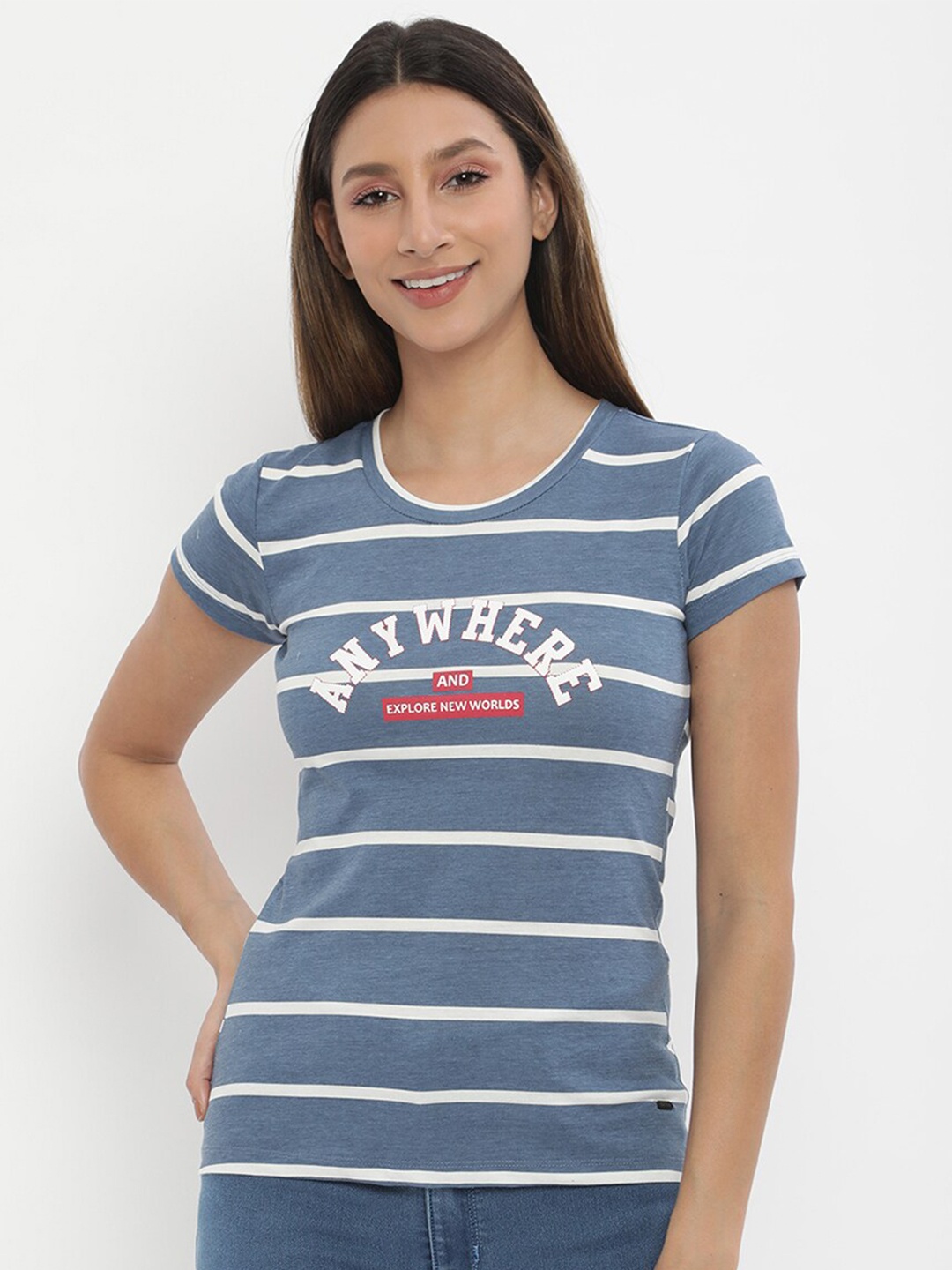 

V2 Value & Variety Navy Blue Striped Pure Cotton Regular Top