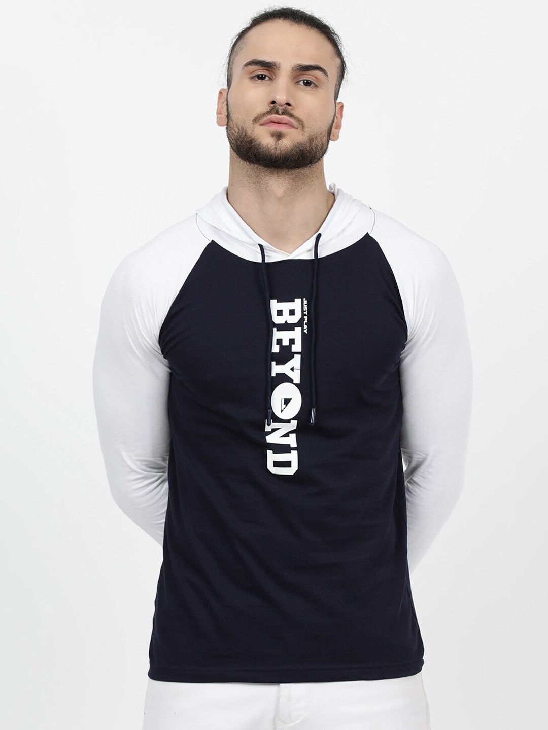 

V2 Value & Variety Men Black And White Colourblocked Hooded Cotton T-shirt