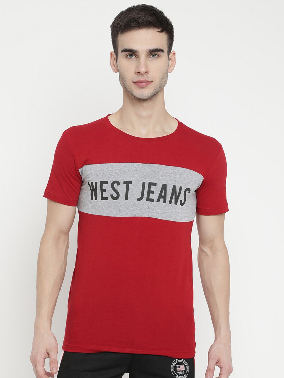 

V2 Value & Variety Men Red & Grey Typography Colourblocked Slim Fit T-shirt