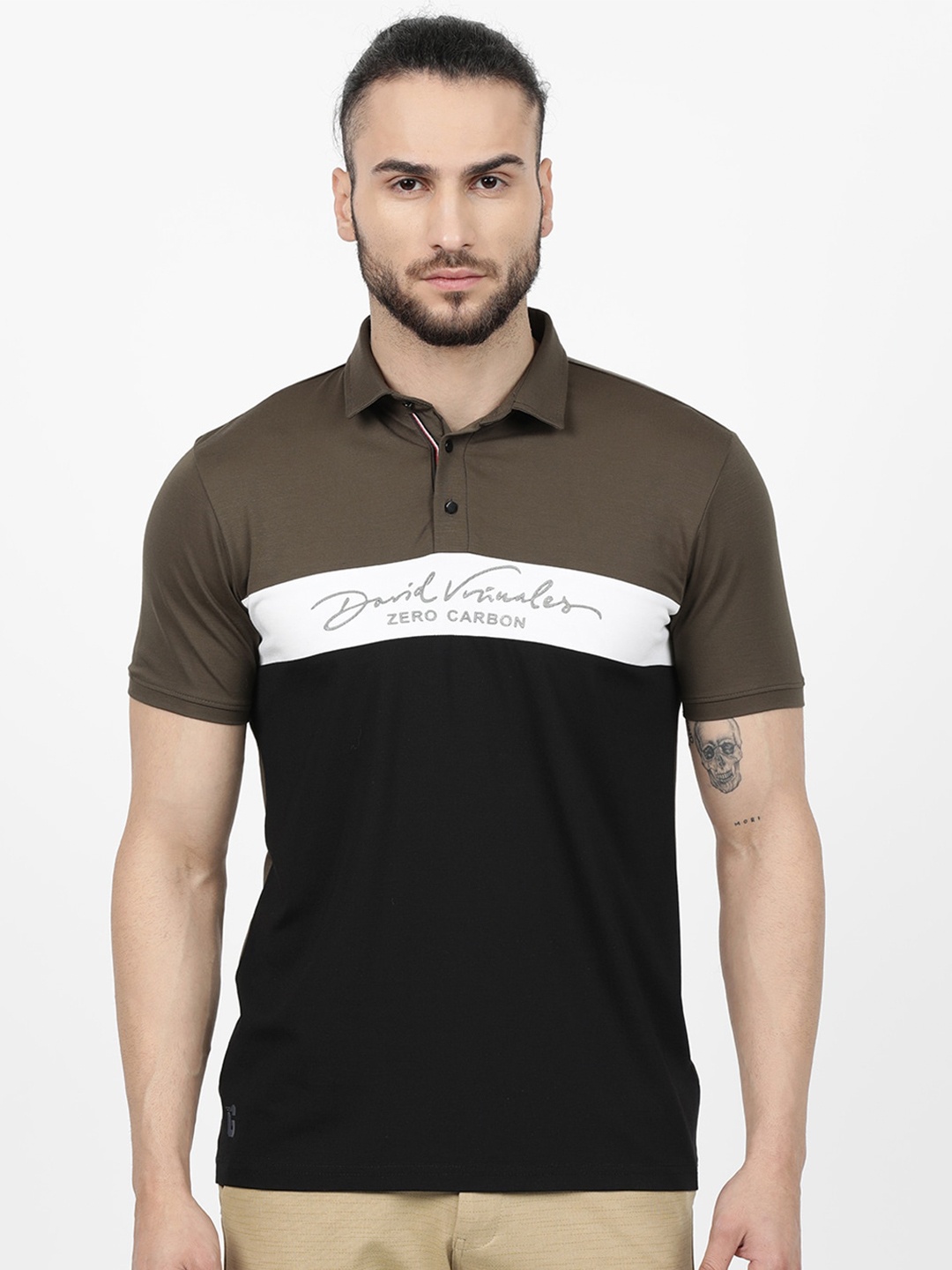 

V2 Value & Variety Men Olive Green & White Typography Colourblocked Polo Collar T-shirt