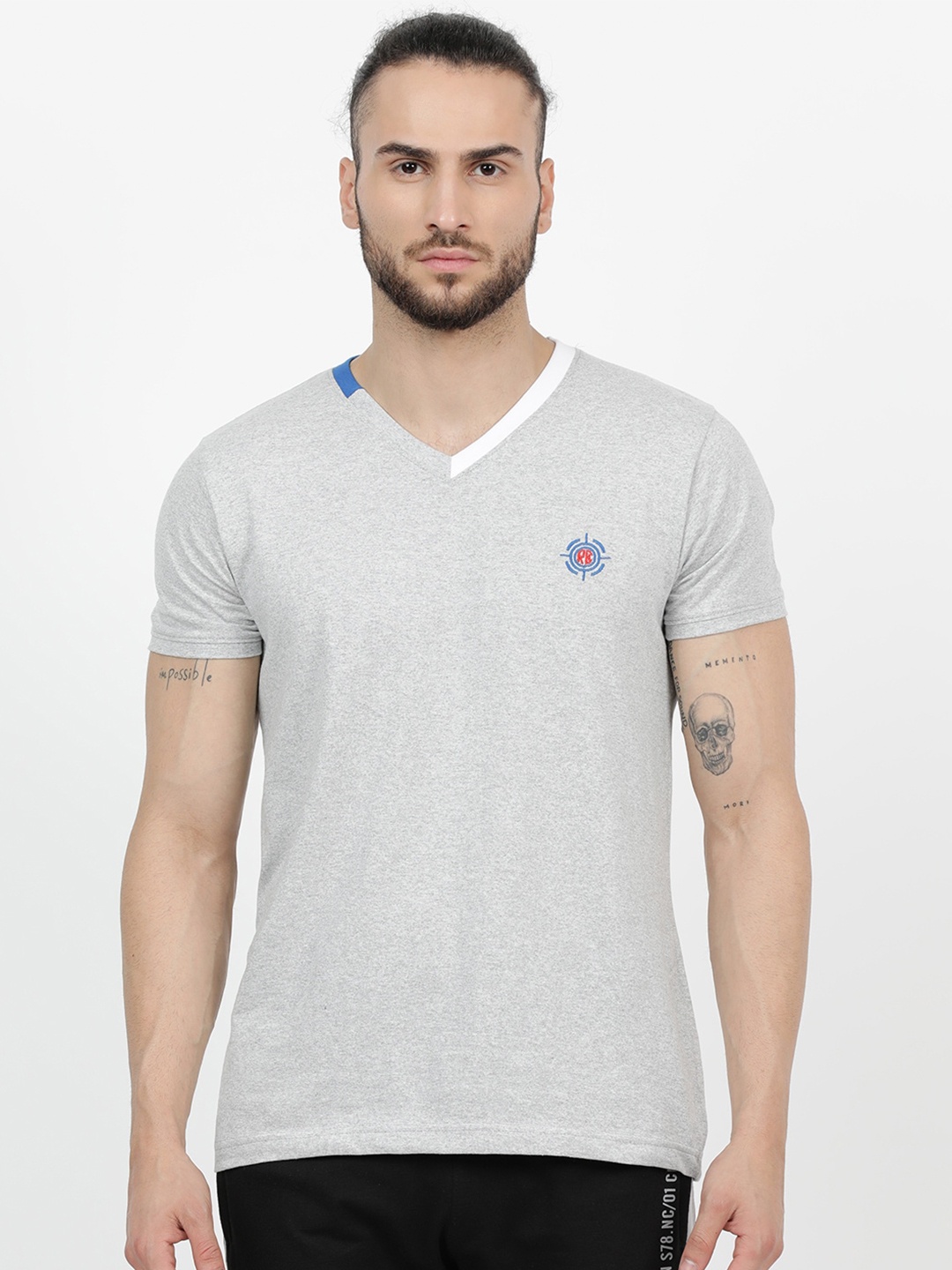 

V2 Value & Variety Men Grey Melange V-Neck Slim Fit T-shirt