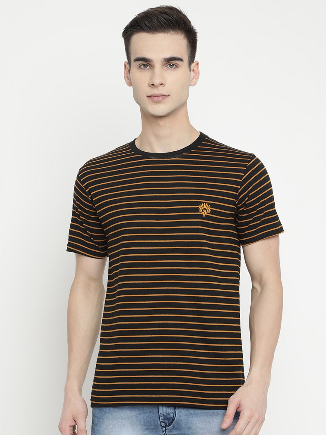 

V2 Value & Variety Men Yellow & Black Striped Cotton Regular Fit T-shirt