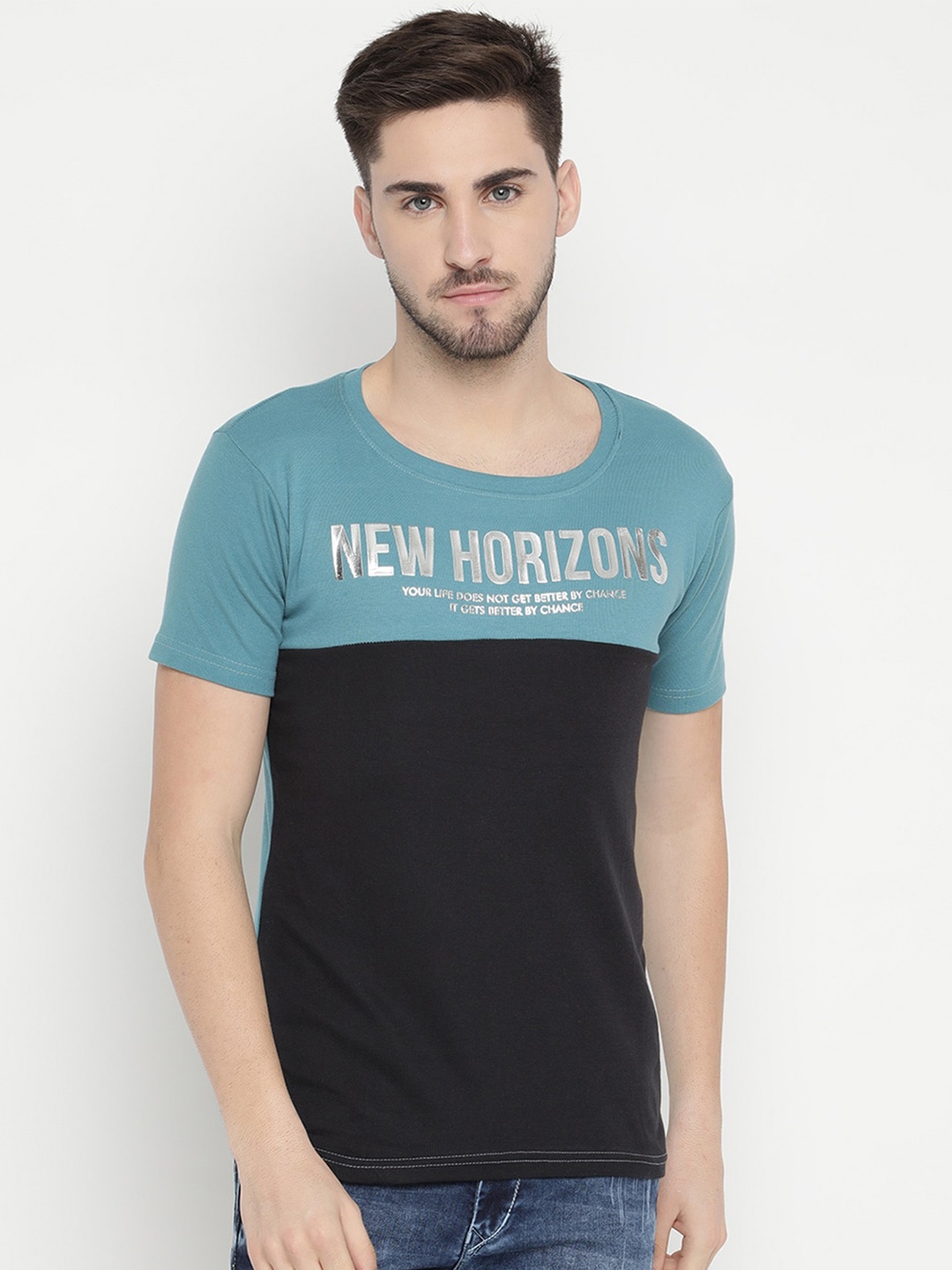 

V2 Value & Variety Men Teal & Black Typography Printed Cotton T-shirt