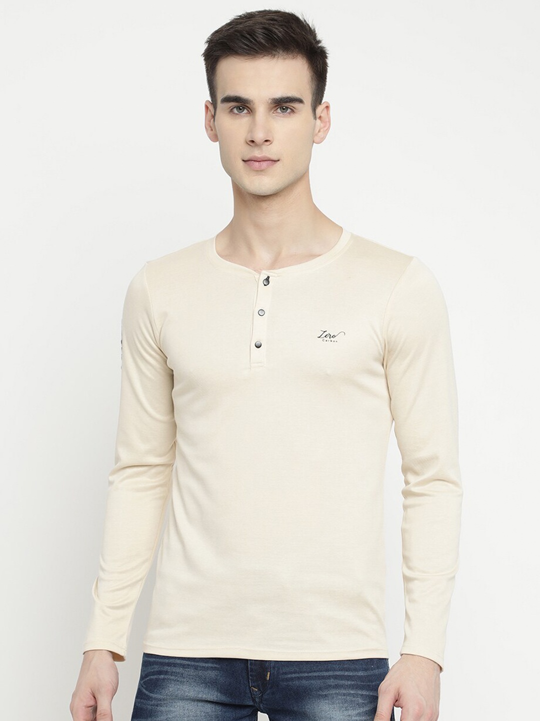 

V2 Value & Variety Men Beige Henley Neck Cotton T-shirt