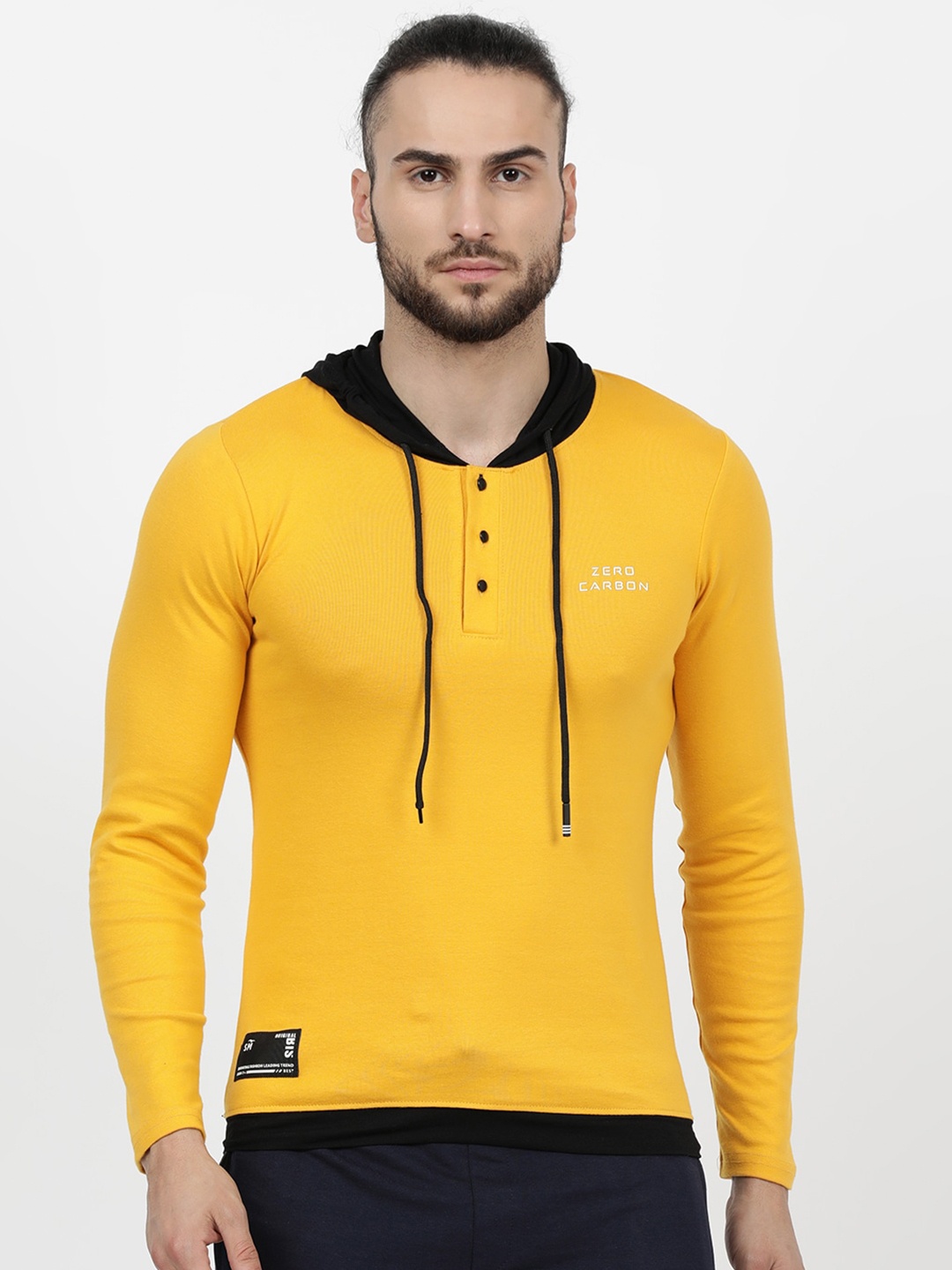 

V2 Value & Variety Men Yellow & Black Colourblocked Solid Hooded T-shirt