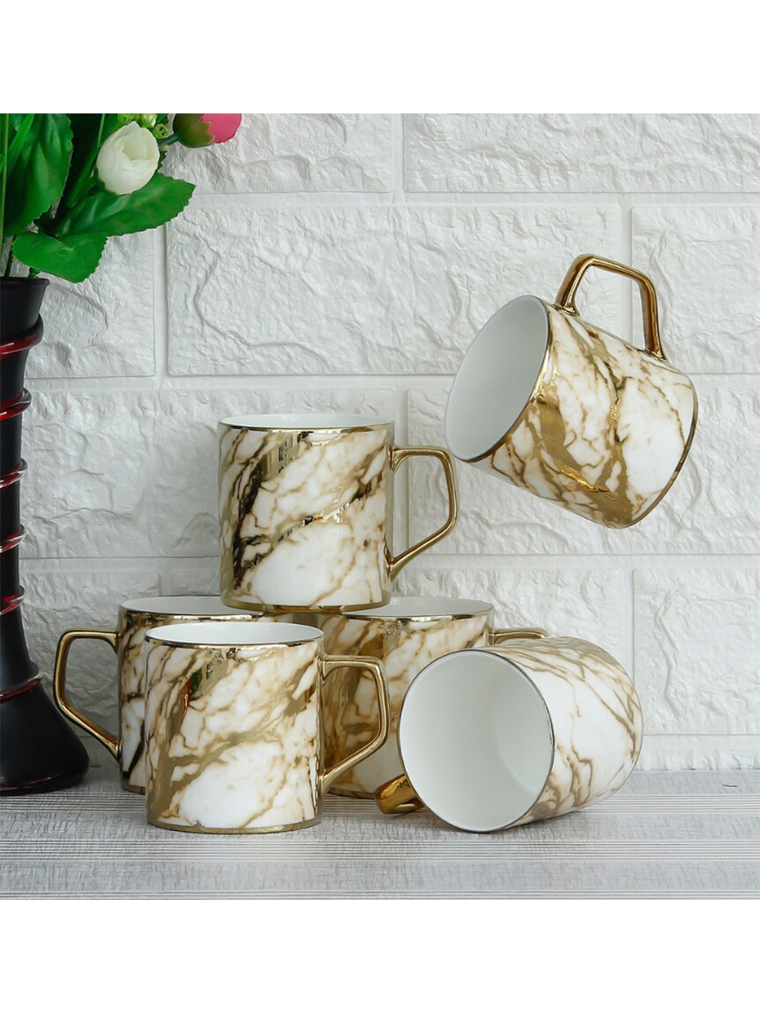 

Femora Set-6 White & Gold-Toned Printed Bone China Glossy Cups and Mugs