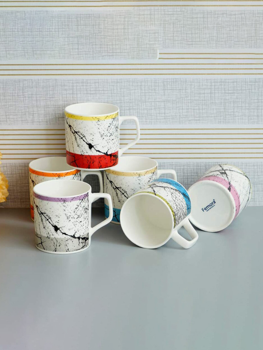 

Femora Set Of 6 White & Blue Printed Bone China Matte Cups