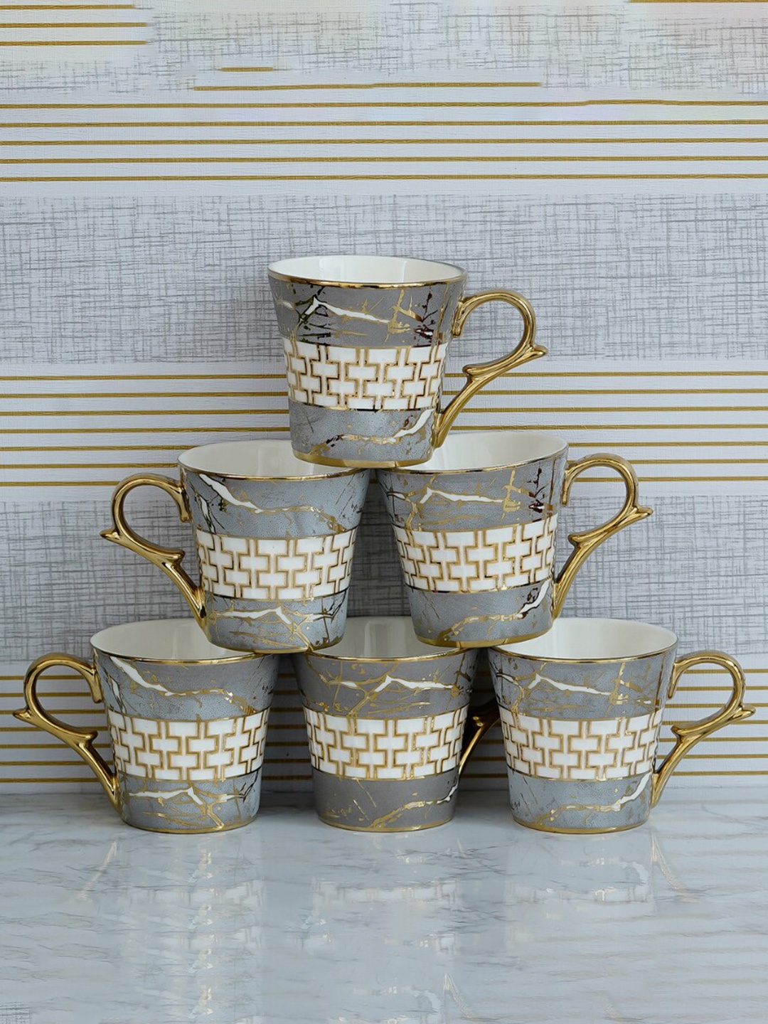 

Femora Grey & Gold-Toned Hand Painted Set Of 6 Bone China Glossy Cups