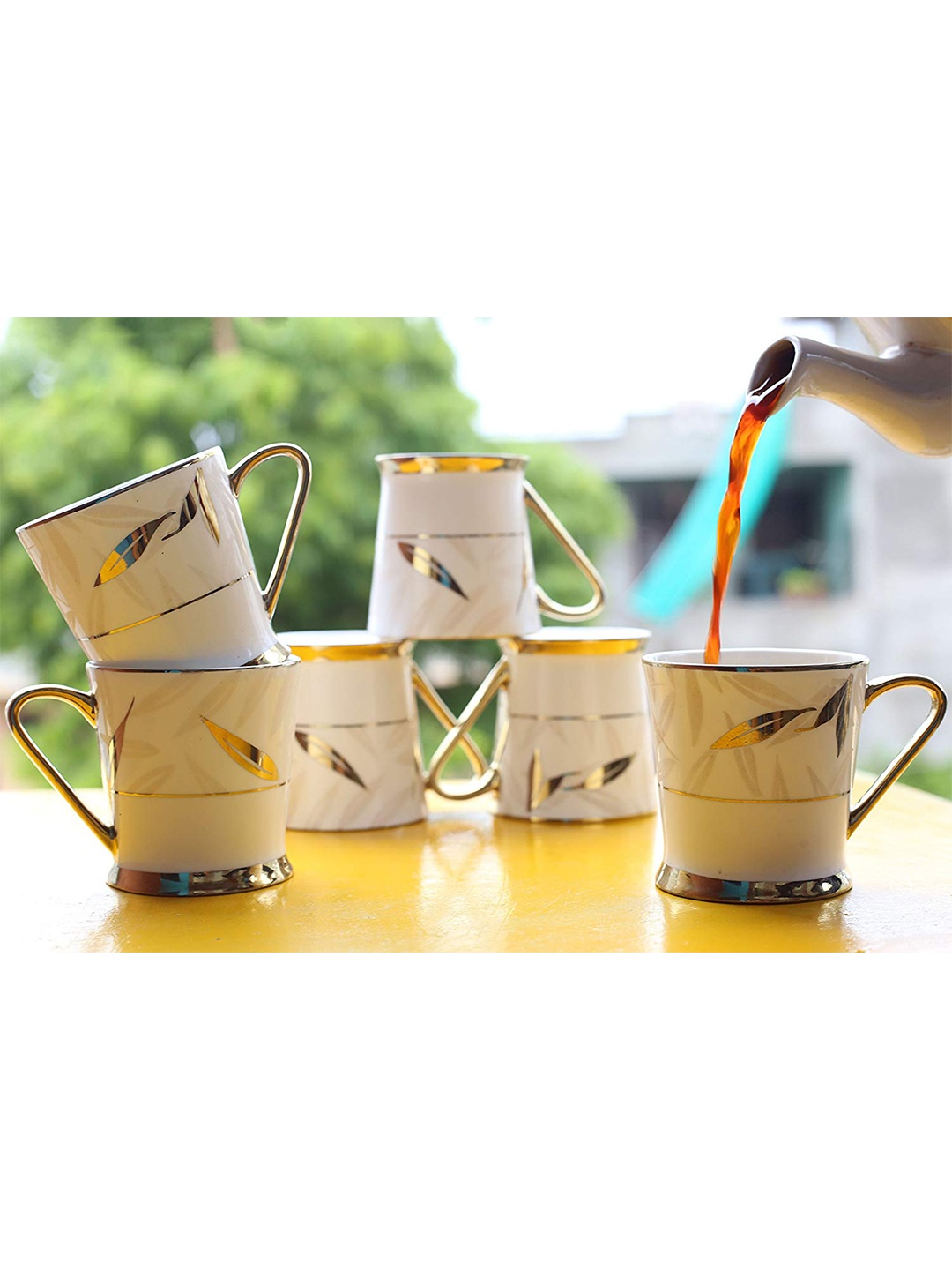 

Femora Set of 6 White & Gold-Toned Printed Bone China Glossy Cups
