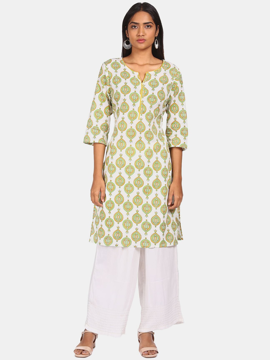 

Karigari Women Green & Yellow Ethnic Motifs Printed Kurta