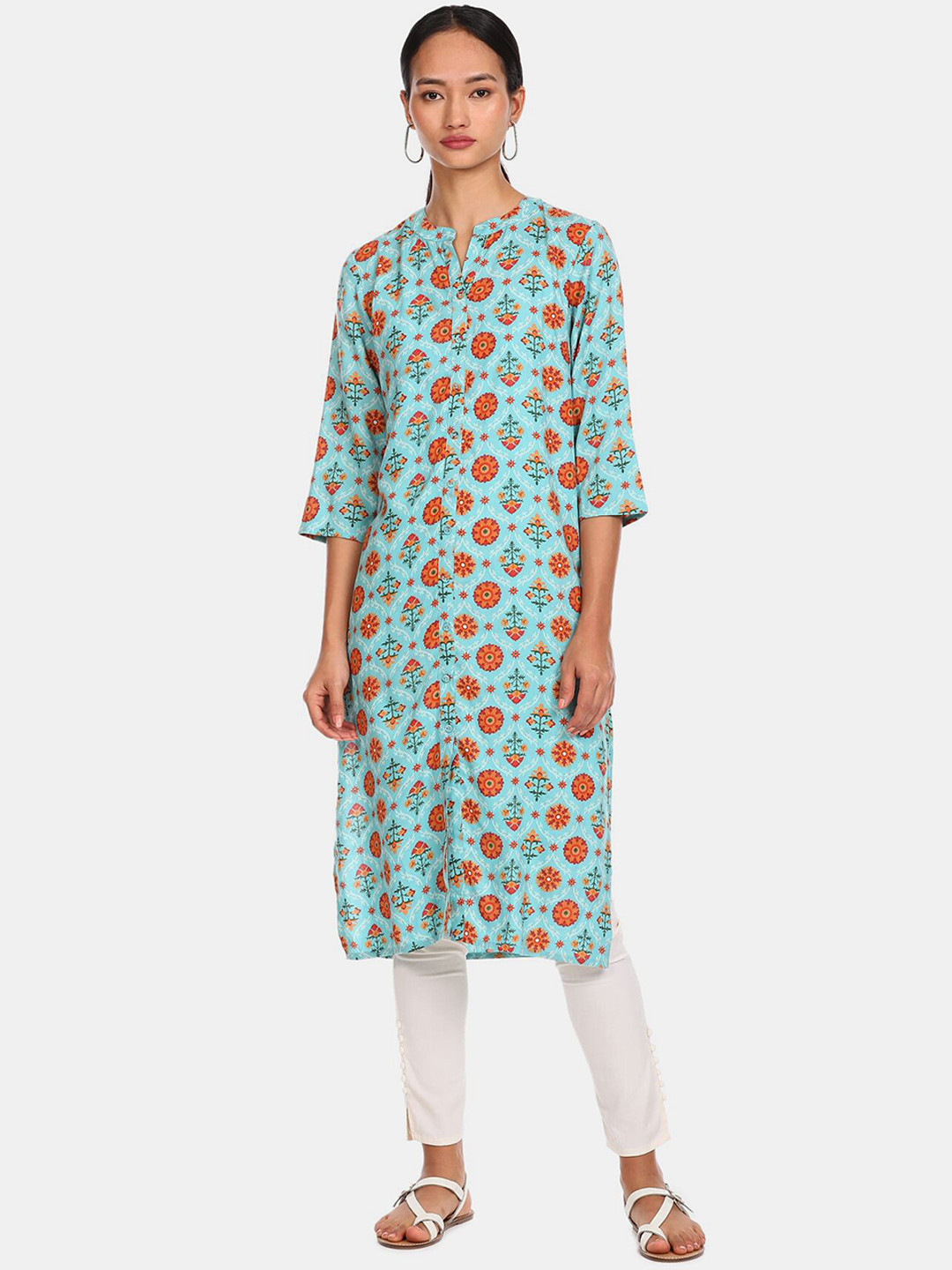 

Karigari Women Blue Floral Printed Kurta