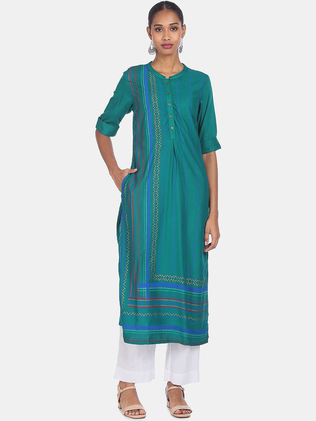 

Karigari Women Teal Ethnic Motifs Printed Kurta