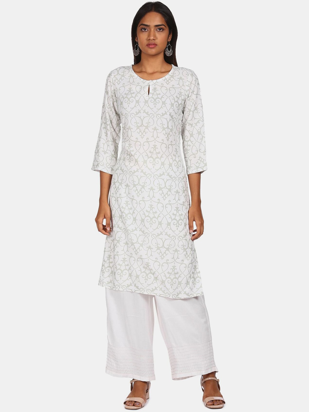 

Karigari Women White Ethnic Motifs Printed Keyhole Neck Kurta