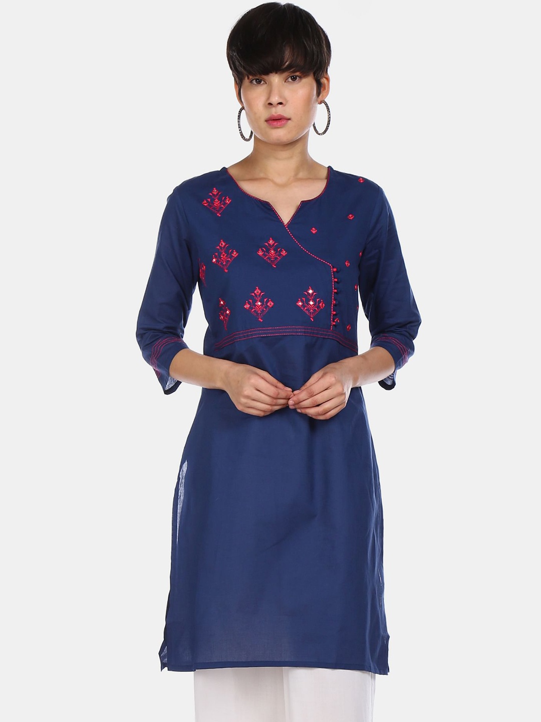 

Karigari Women Blue Ethnic Motifs Yoke Design Mirror Work Pure Cotton Kurta
