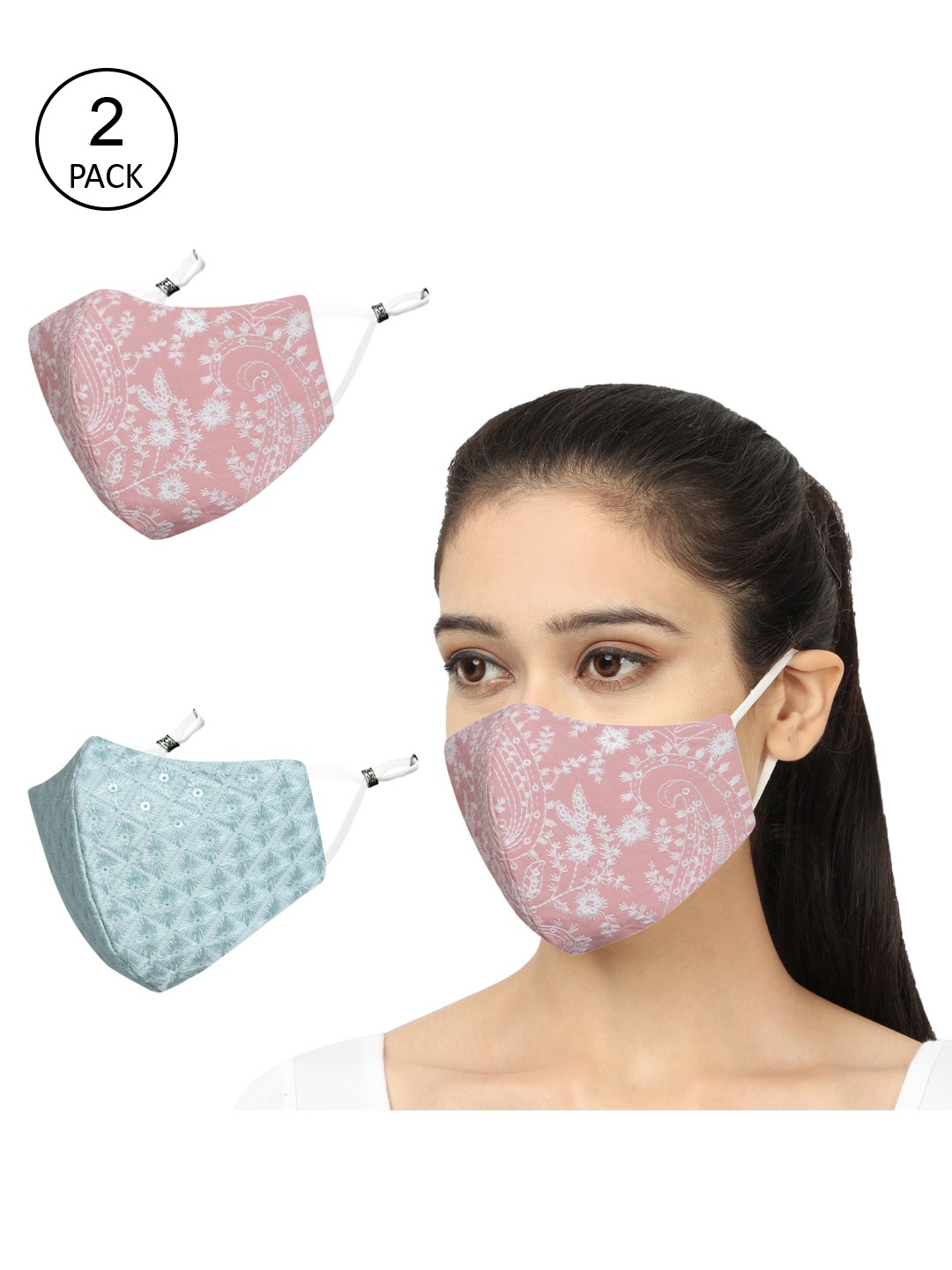 

MASQ Pack Of 2 Embroidered 4-Ply Reusable Anti-Pollution Cloth Masks, Pink