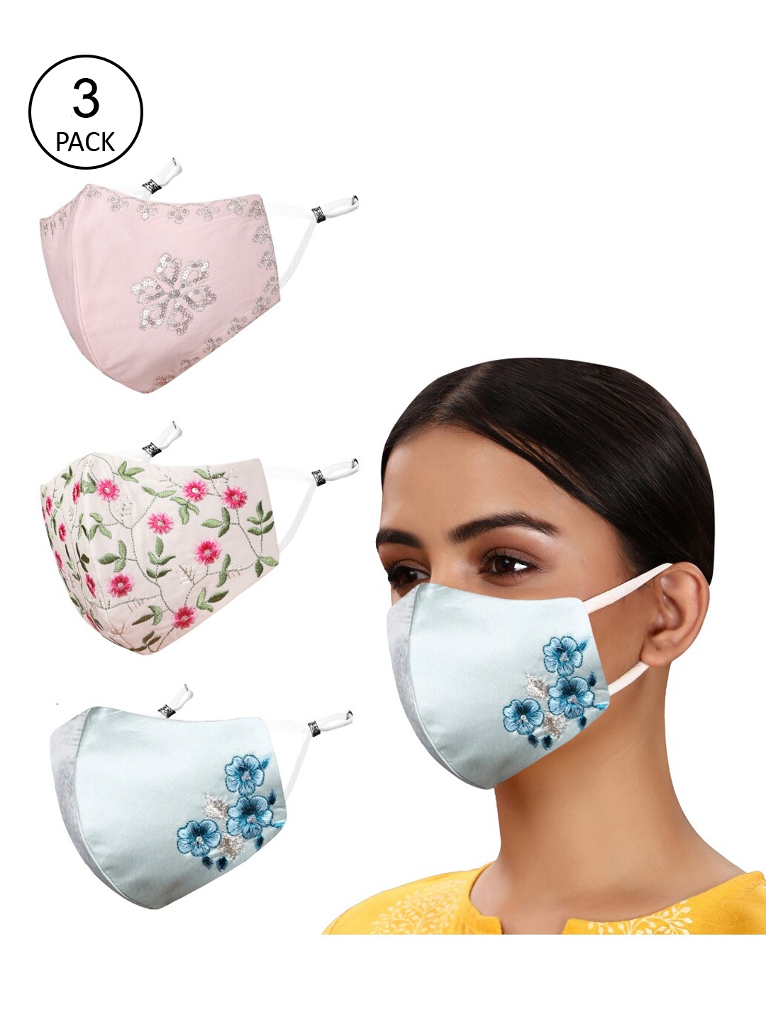 

MASQ Pack Of 3 Embroidered 4-Ply Reusable Anti-Pollution Cloth Masks, Blue