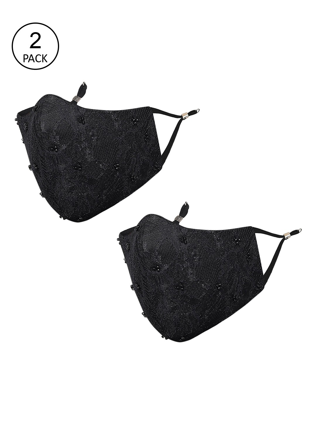 

MASQ Pack of 2 Black Woven Design 4-Ply Reusable Cloth Masks with Beaded Detail