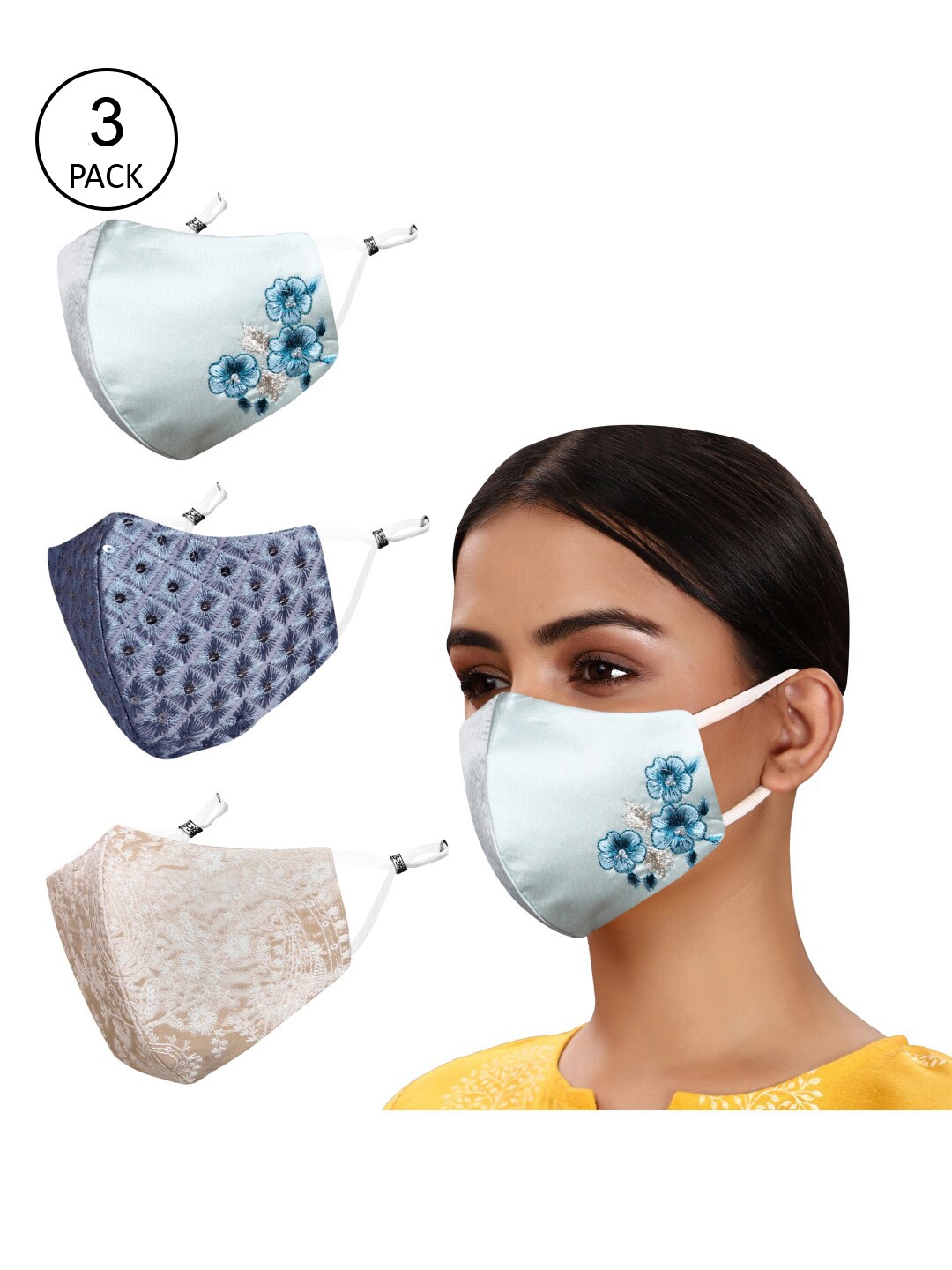 

MASQ Pack of 3 Embroidered 4-Ply Reusable Anti-Pollution Cloth Masks, Blue