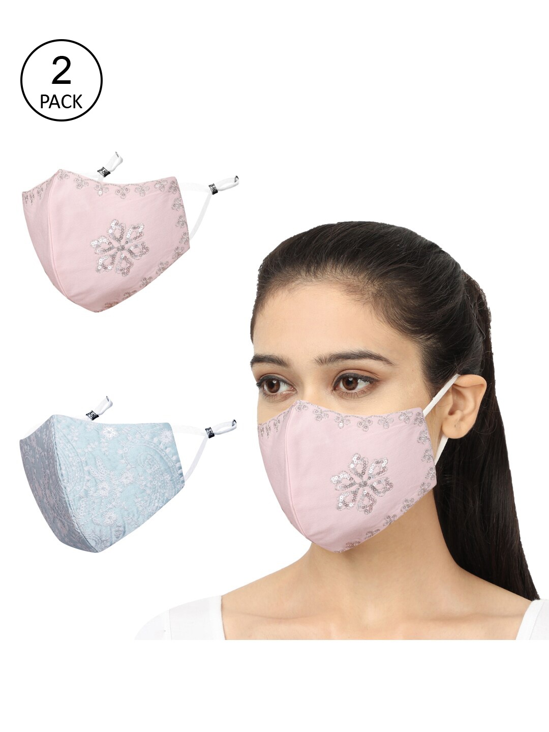 

MASQ Pack of 2 Sequinned & Embroidered 4-Ply Reusable Anti-Pollution Cloth Masks, Pink