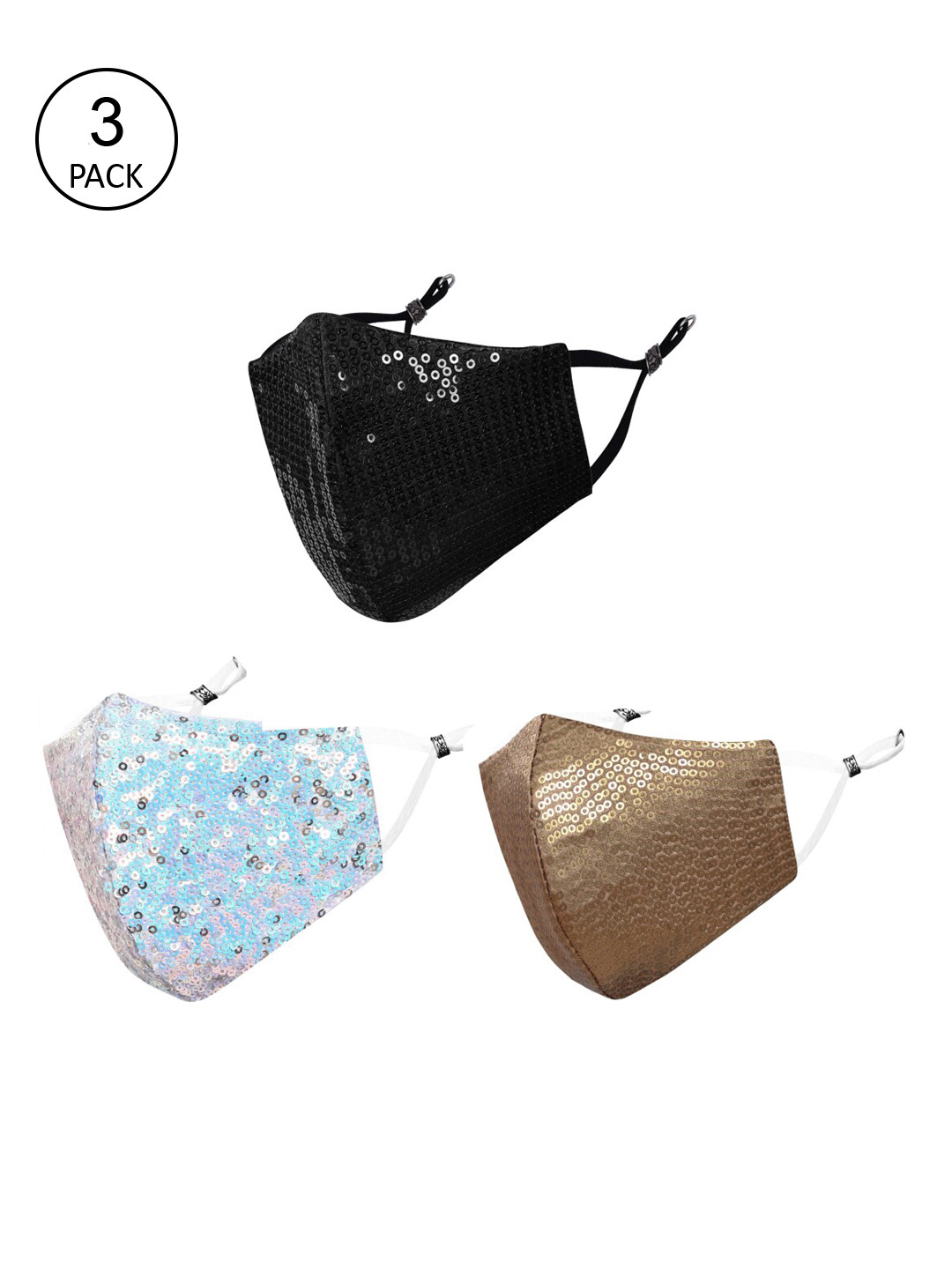 

MASQ Pack of 3 Sequinned 4-Ply Reusable Anti-Pollution Cloth Masks, Black