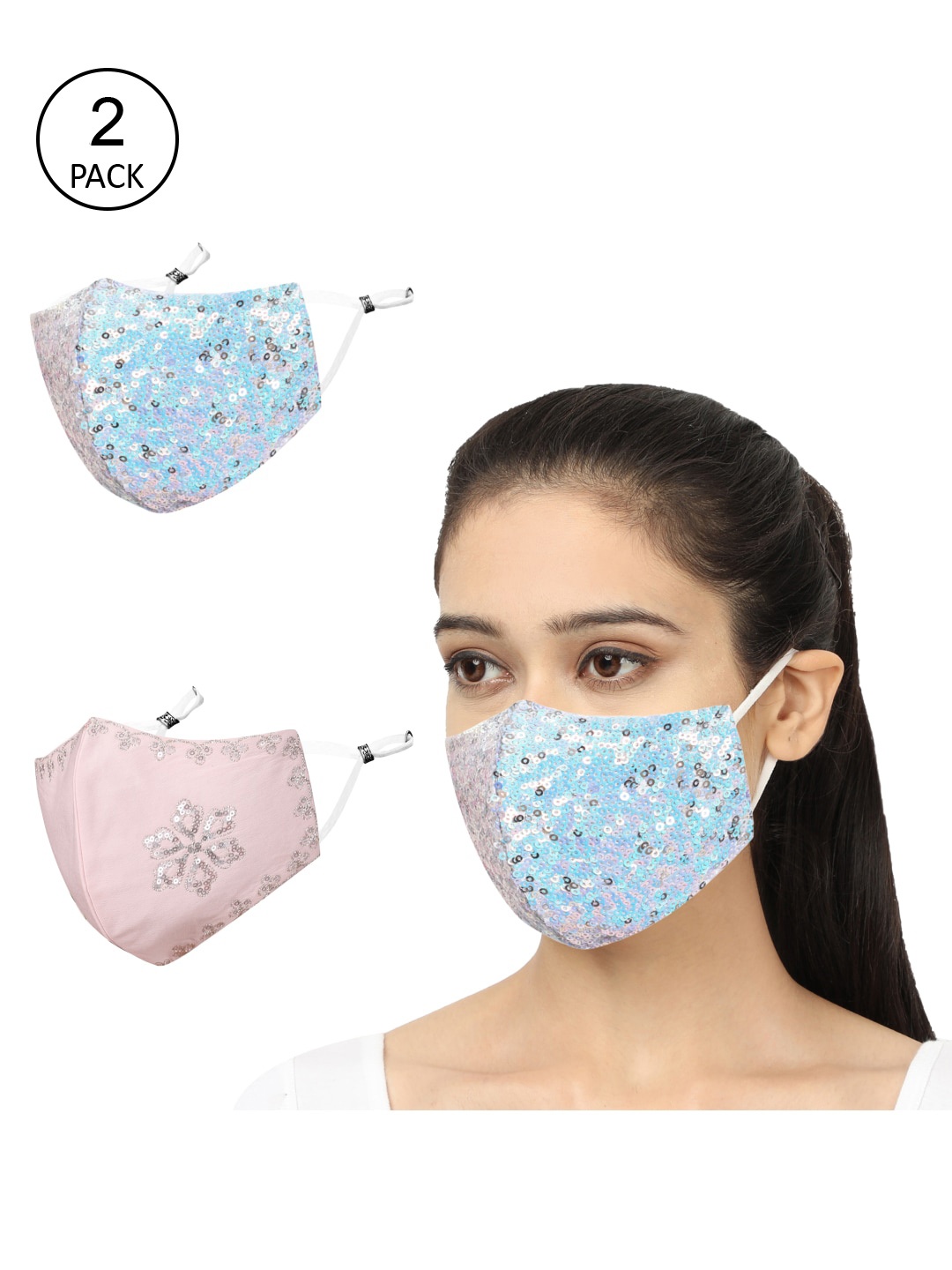 

MASQ Pack of 2 Sequinned 4-Ply Reusable Anti-Pollution Cloth Masks, Pink