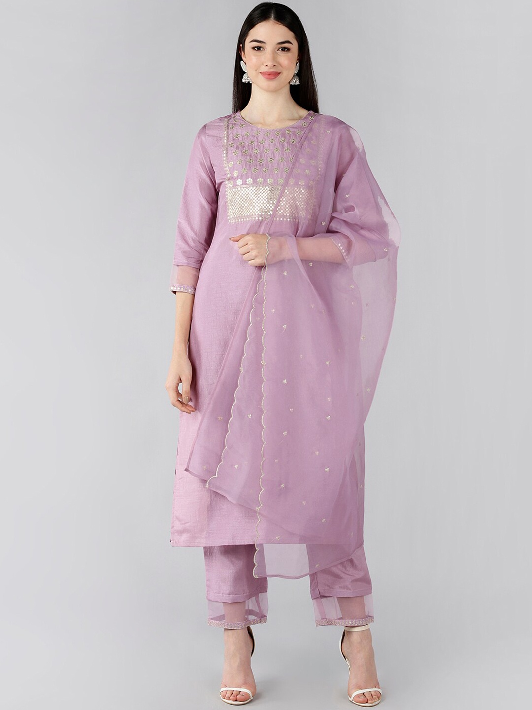 

AHIKA Women Mauve Floral Embroidered Sequinned Kurta with Trousers & With Dupatta