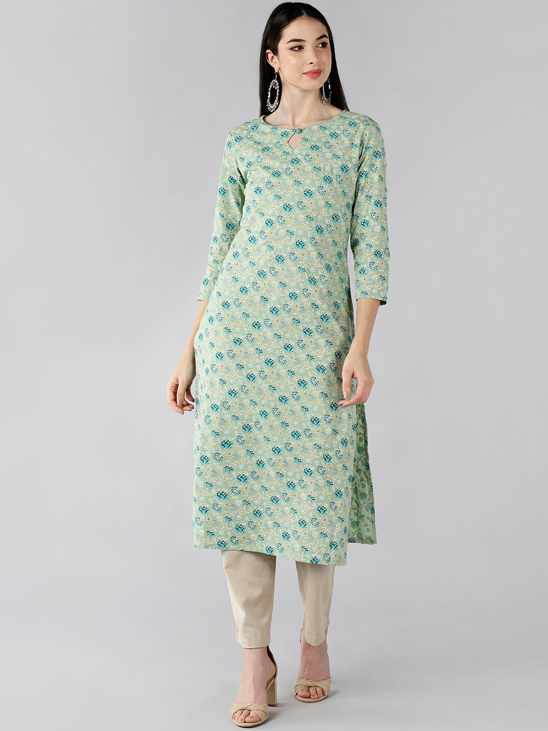 

AHIKA Women Green & Teal Ethnic Motifs Printed Keyhole Neck Kurta