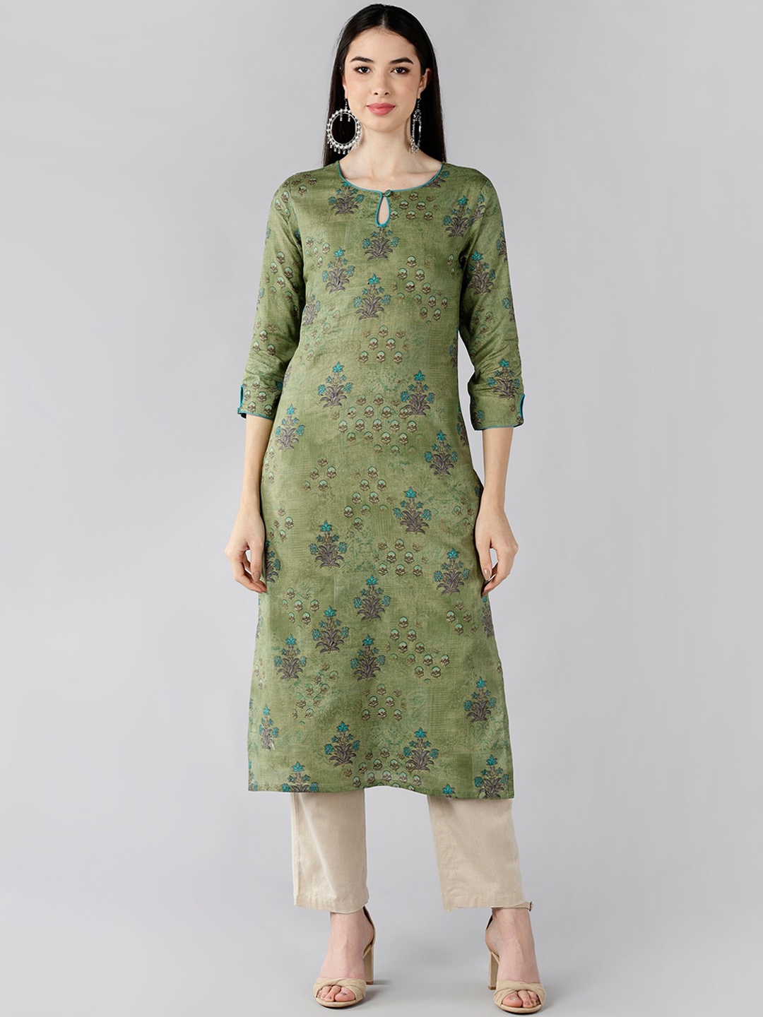 

AHIKA Women Green Floral Printed Keyhole Neck Kurta
