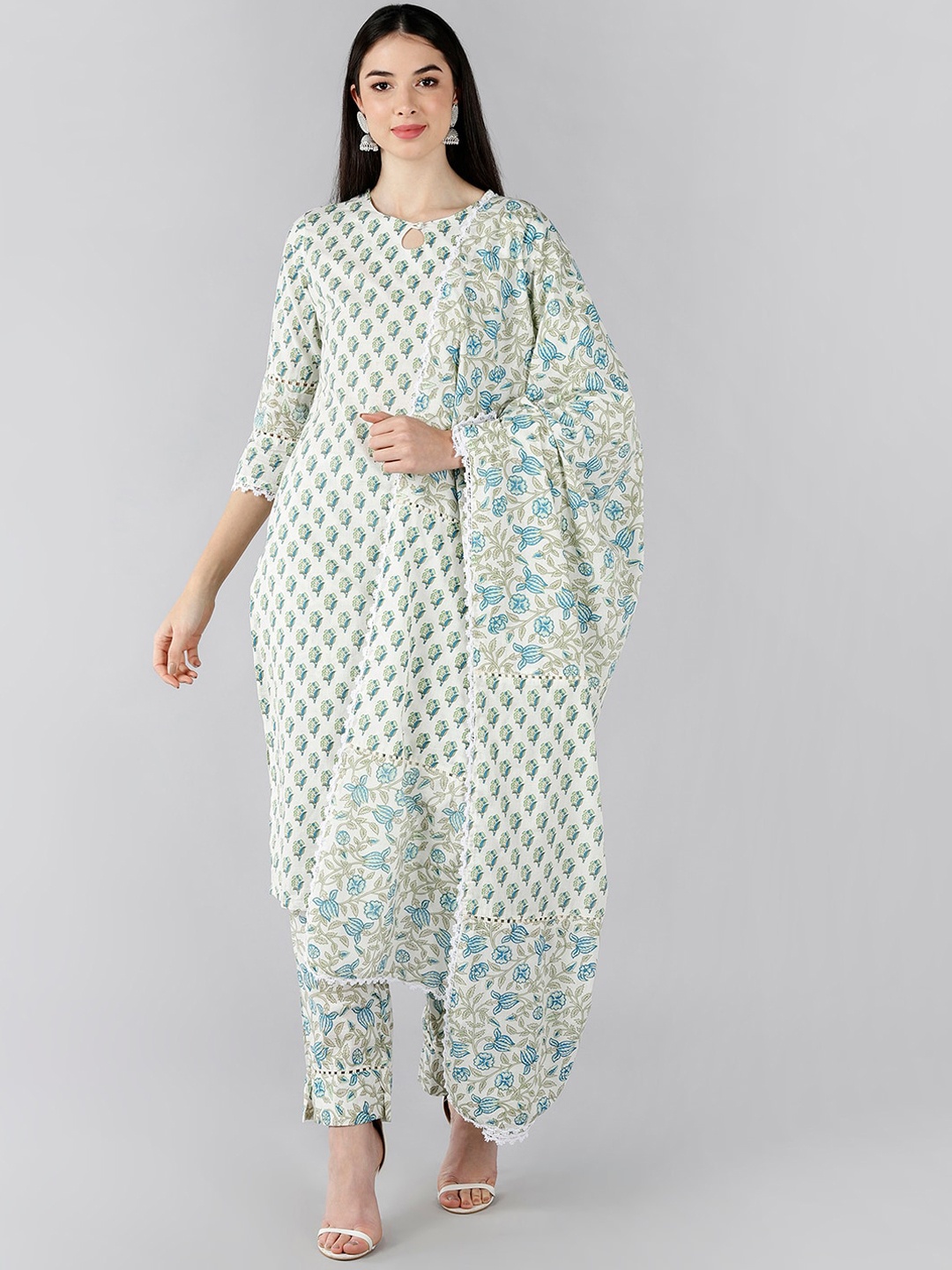 

AHIKA Women White Floral Printed Pure Cotton Kurta with Trousers & Dupatta