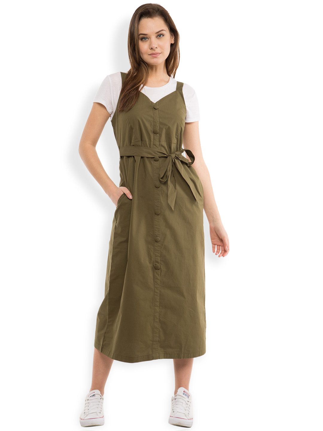 

Tokyo Talkies Women Brown Solid Midi Belted Dress