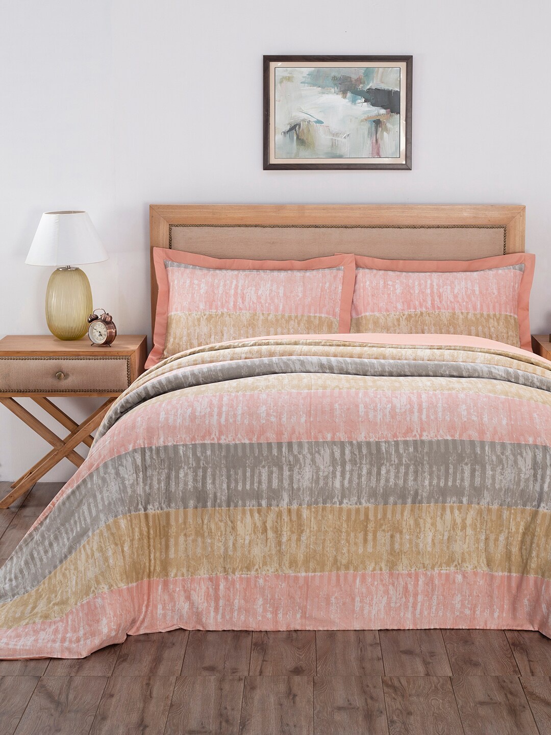 

MASPAR Peach-Coloured & Grey Printed Pure Cotton 210 TC Double Duvet Cover With Pillow Covers