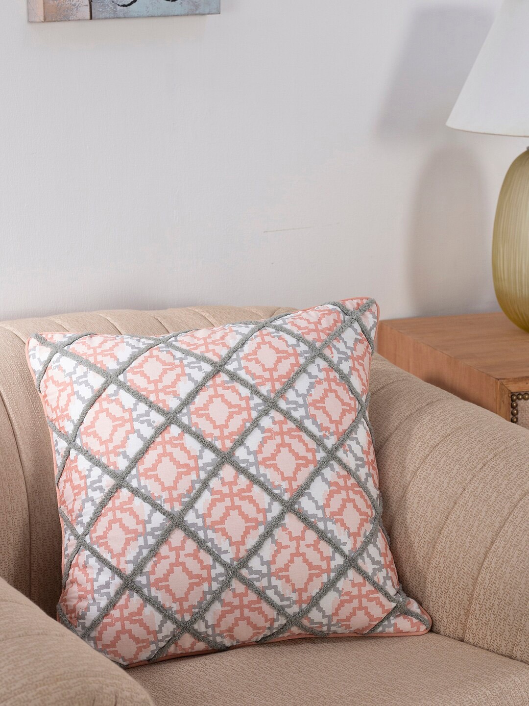 

MASPAR Peach-Coloured & Grey Ethnic Motifs Cotton Square Cushion Cover