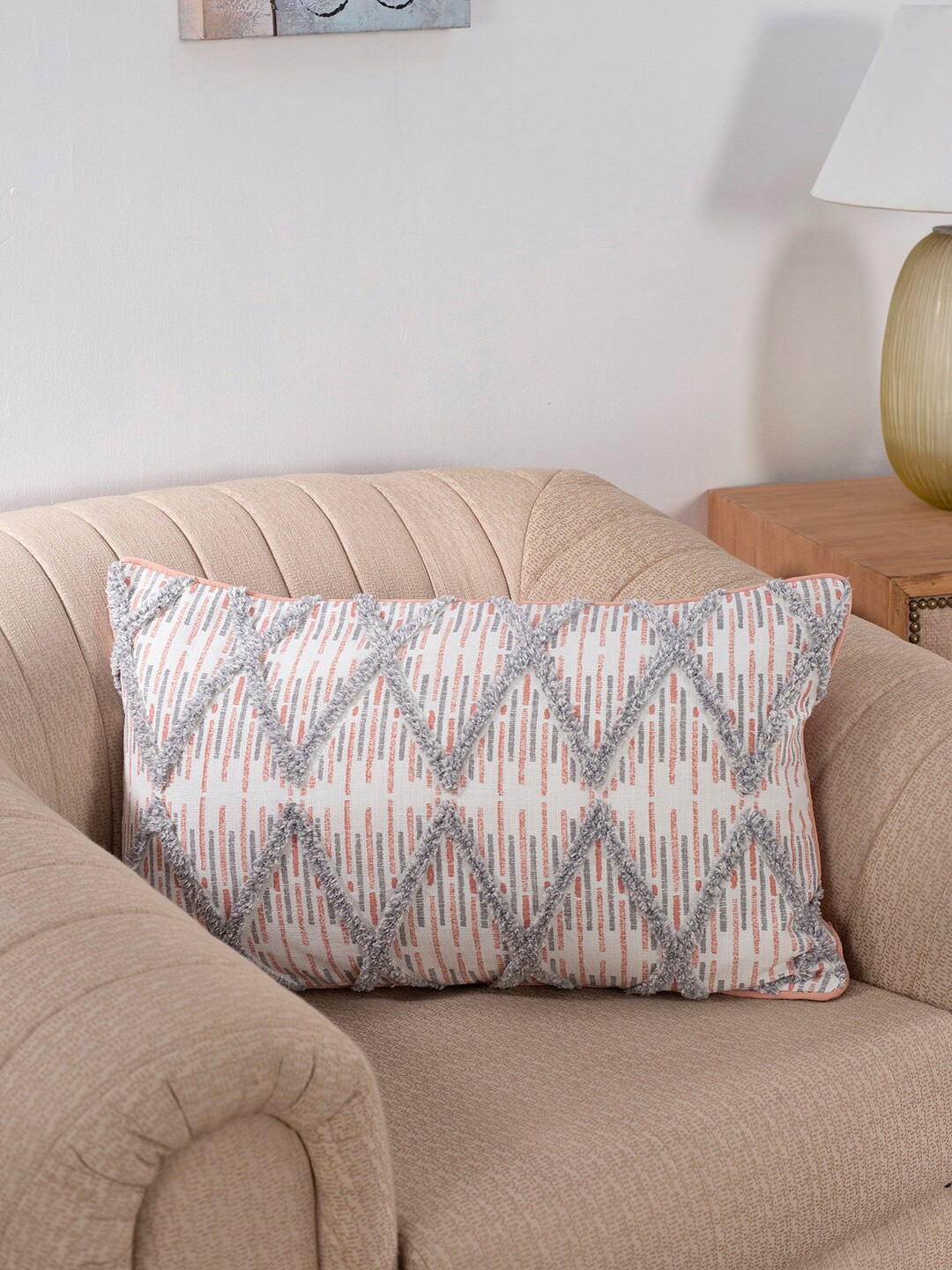 

MASPAR Peach-Coloured & Grey Geometric Rectangle Cotton Cushion Covers