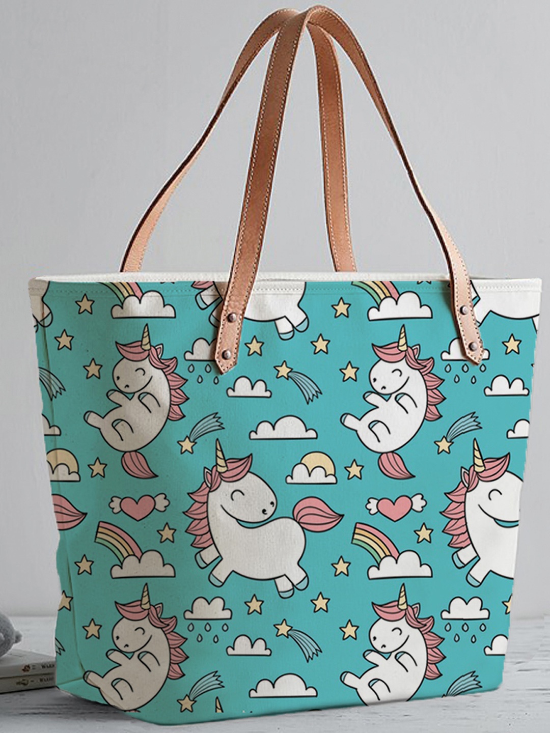 

STYBUZZ Blue Unicorn Graphic Printed Shopper Tote Bag With Vegan Leather Handles