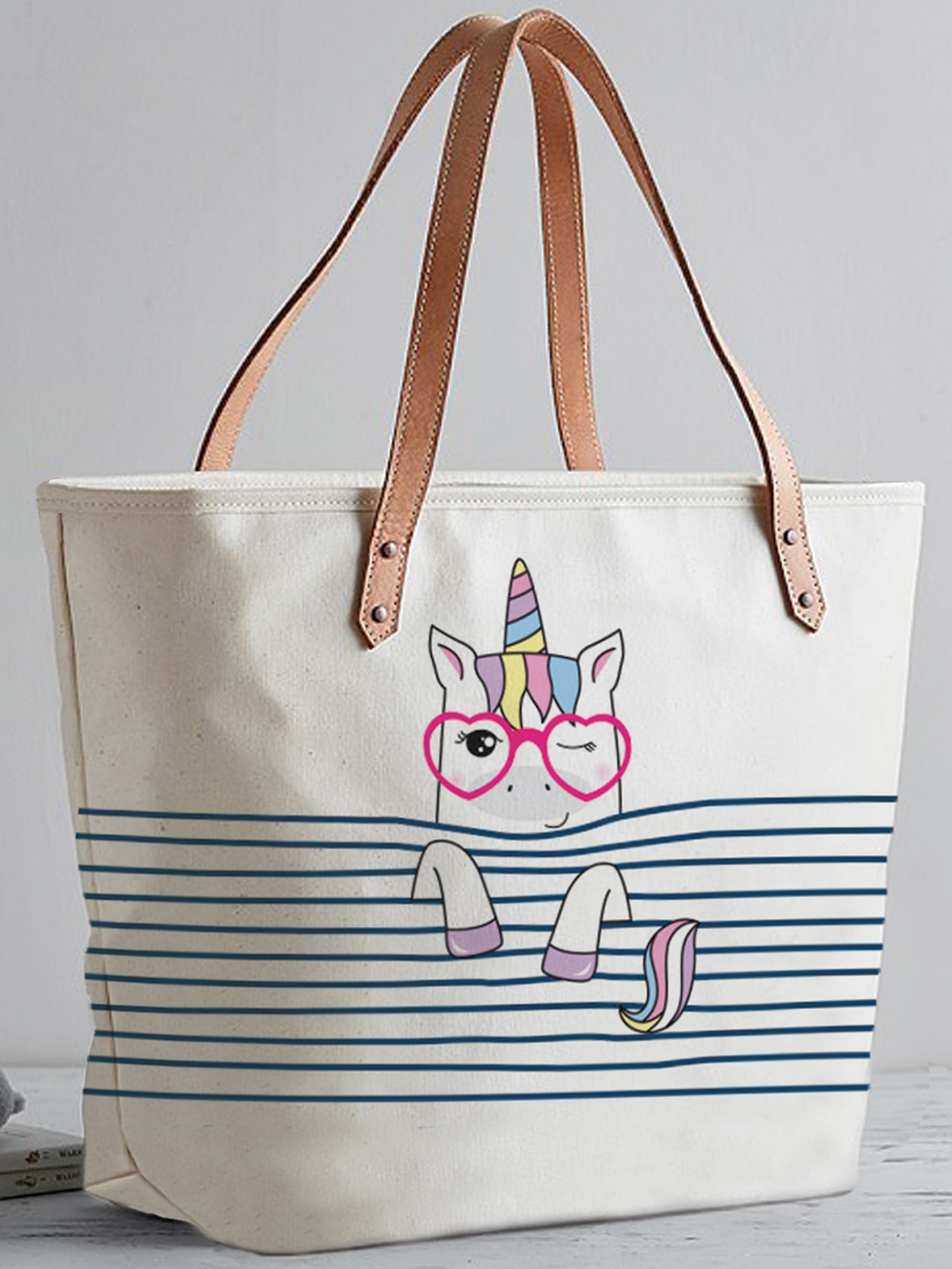 

STYBUZZ White Striped Shopper Shoulder Bag with Applique