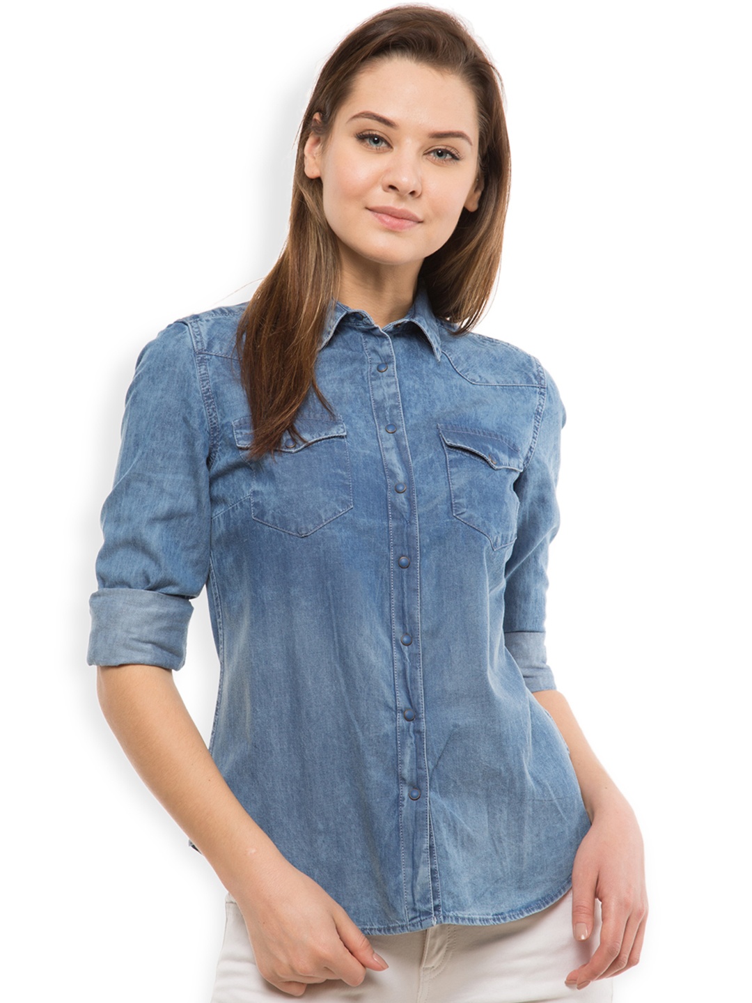 

Tokyo Talkies Women Blue Slim Fit Solid Denim Shirt