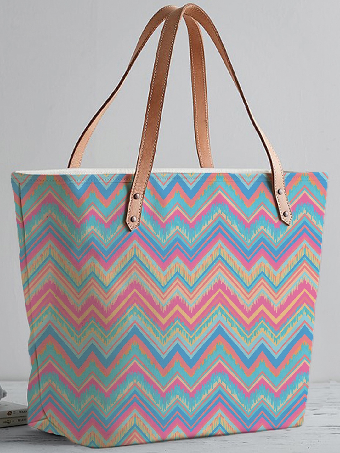 

STYBUZZ Blue Geometric Printed Oversized Structured Tote Bag