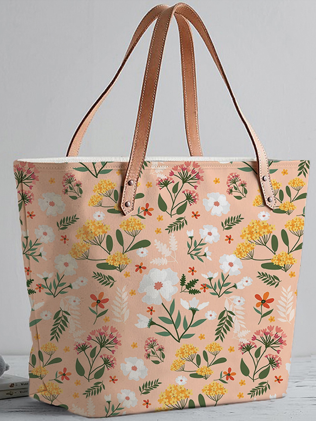 STYBUZZ Peach-Coloured Floral Printed Shopper Tote Bag